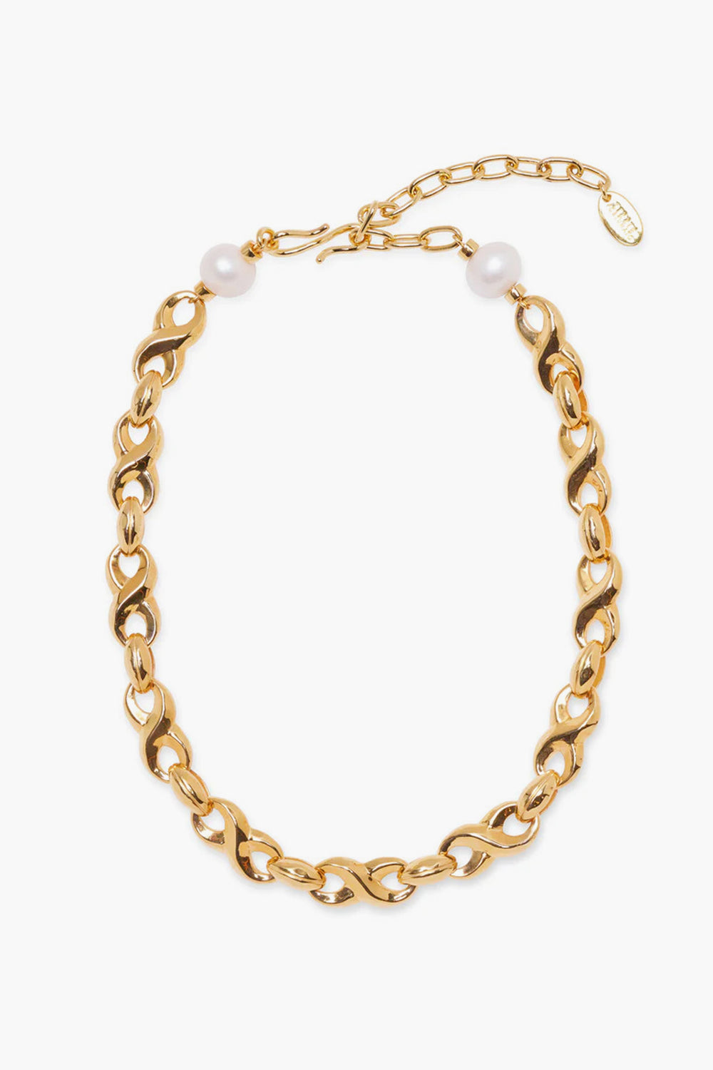 A Lizzie Fortunato Gold Infinity Link Necklace features heart-shaped links, two white freshwater pearls, and an adjustable clasp with a small oval tag.