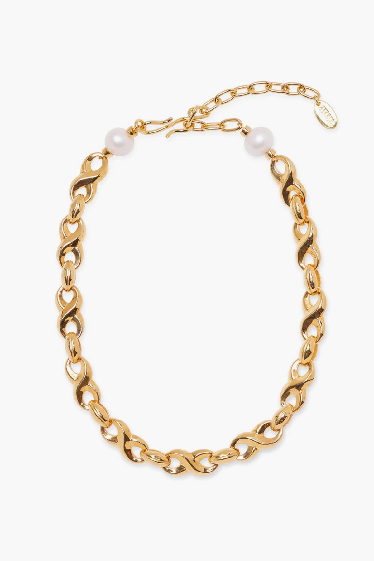 A Lizzie Fortunato Gold Infinity Link Necklace features heart-shaped links, two white freshwater pearls, and an adjustable clasp with a small oval tag.