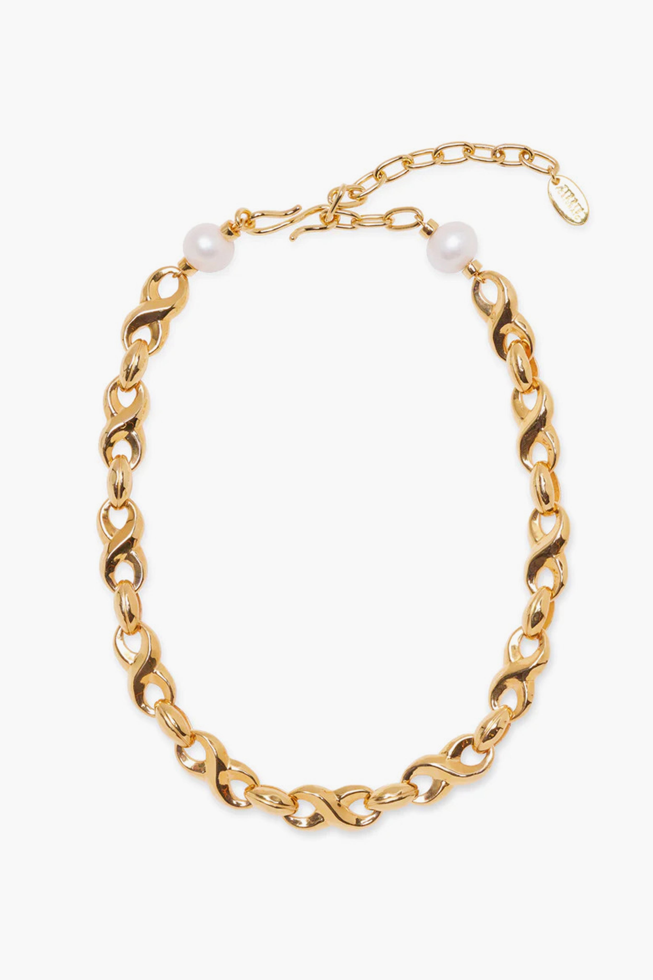A Lizzie Fortunato Gold Infinity Link Necklace features heart-shaped links, two white freshwater pearls, and an adjustable clasp with a small oval tag.