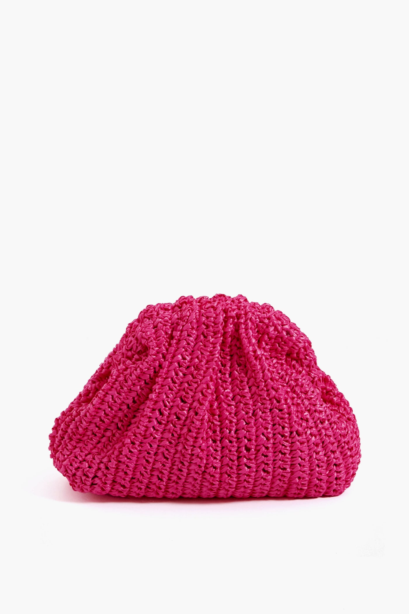A small, bright pink mini crochet clutch by Maria La Rosa featuring a textured surface and exquisite Italian craftsmanship.
