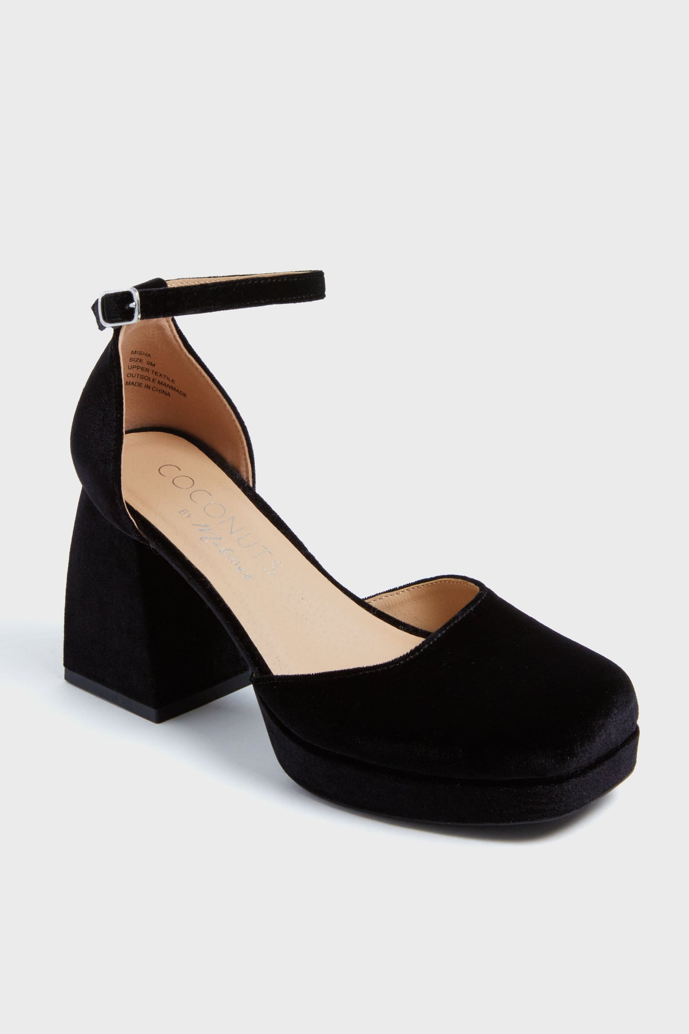 A black velvet closed-toe block heel shoe with an ankle strap and platform sole from the Matisse Black Misha Heels collection.
