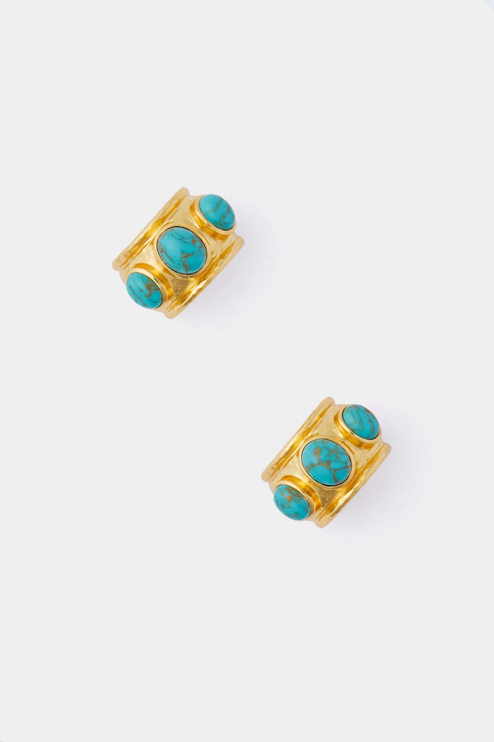 Two VALERE gold rings, each set with three oval turquoise natural gemstones in 24k gold-plated brass.