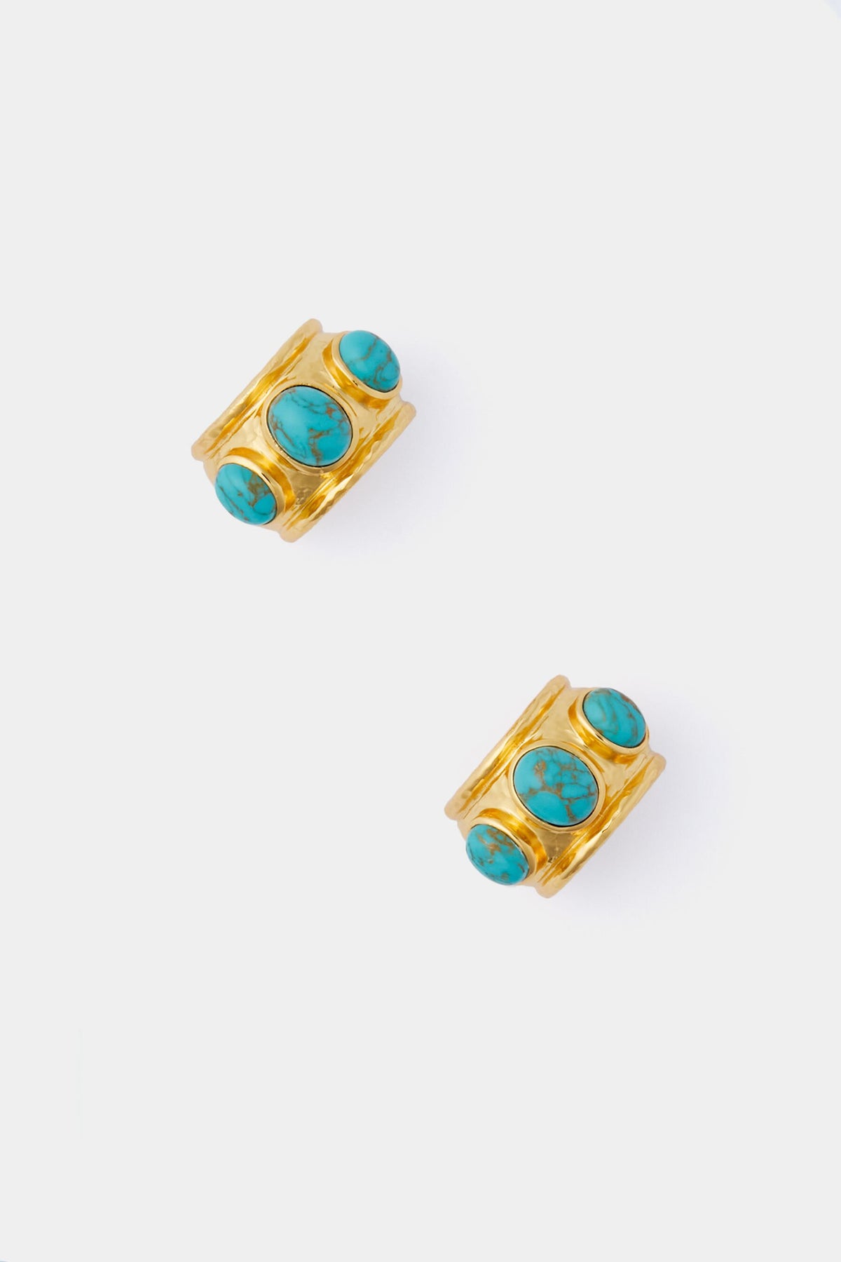 Two VALERE gold rings, each set with three oval turquoise natural gemstones in 24k gold-plated brass.