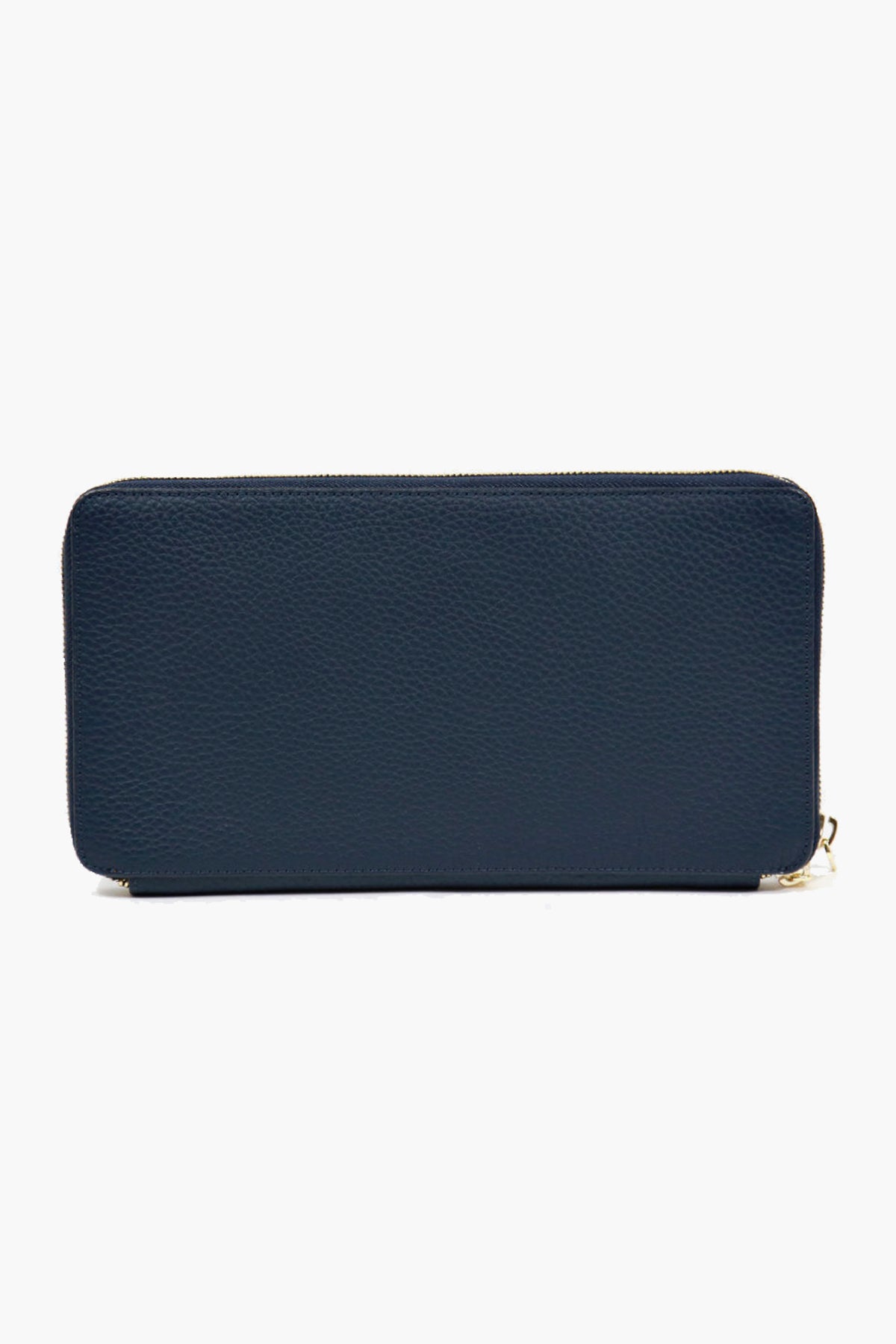 A rectangular, navy blue Saffiano leather zippered wallet by Neely & Chloe is shown from the front. Perfect as a travel wallet or passport holder.