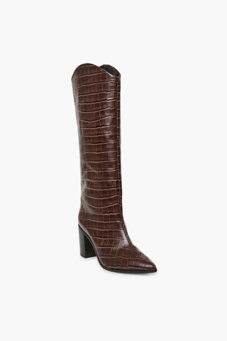 Schutz | Maryana Crocodile-Embossed Leather Boot | 5 US | Dark Chocolate