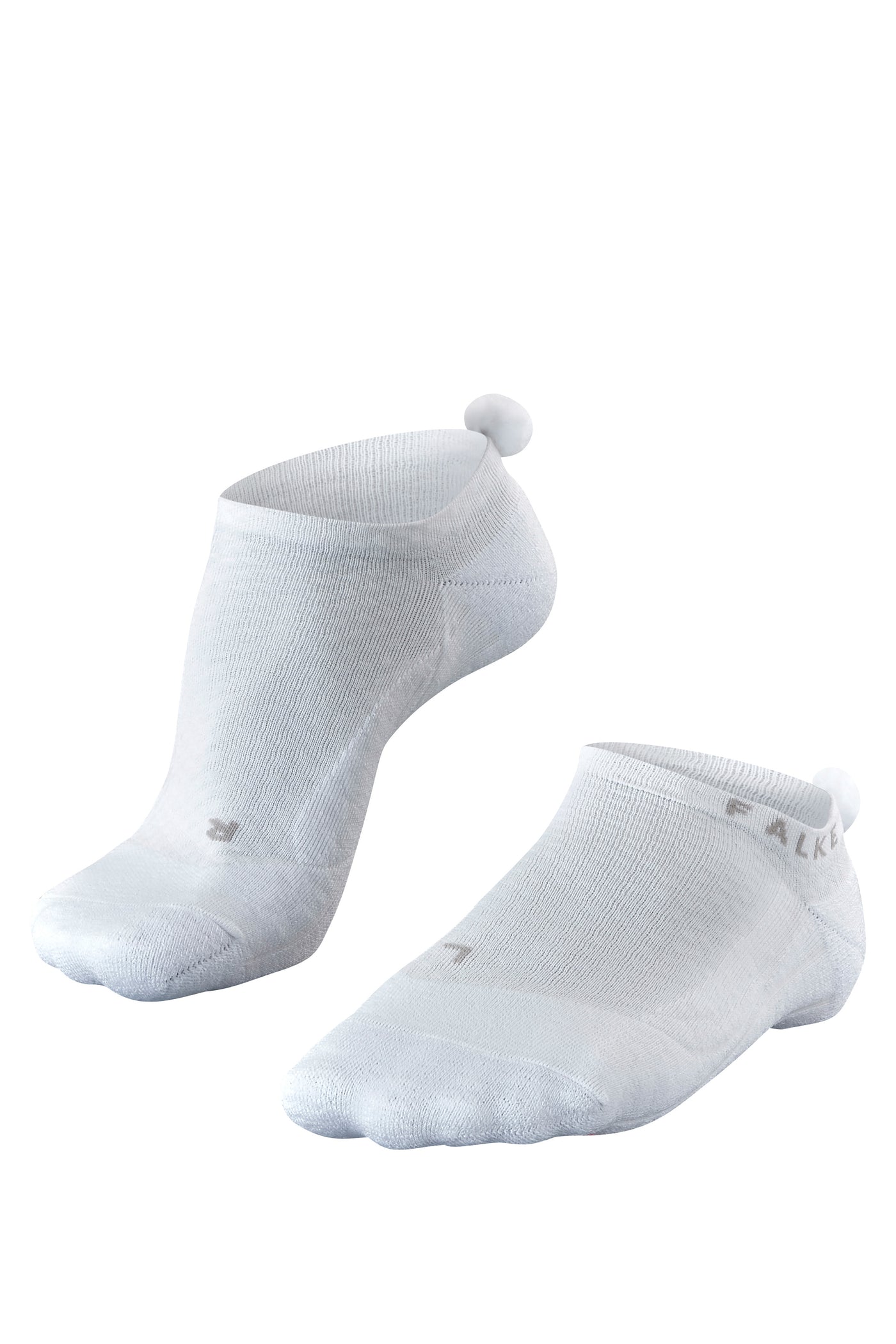 A pair of white low-cut Falke women's pompom socks featuring a small heel tab, subtle branding on the cuff, and moisture-wicking fabric for dry, comfortable feet.