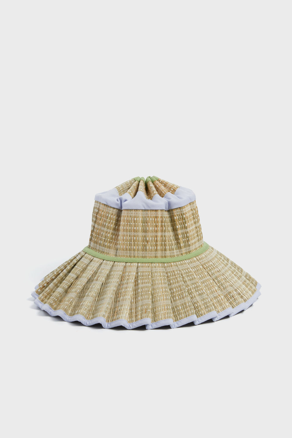 The Sail to Sable x Sarah & Molly woven straw sun hat, part of our resort collection, boasts a wide pleated brim, light green accents, white trim, and UPF 50+ protection for stylish sun safety.