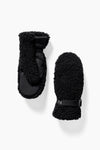 A pair of Holden Sherpa mittens featuring black fleece and a textured, fluffy exterior; one mitten reveals the faux fur lining on the palm, while the other shows the back.