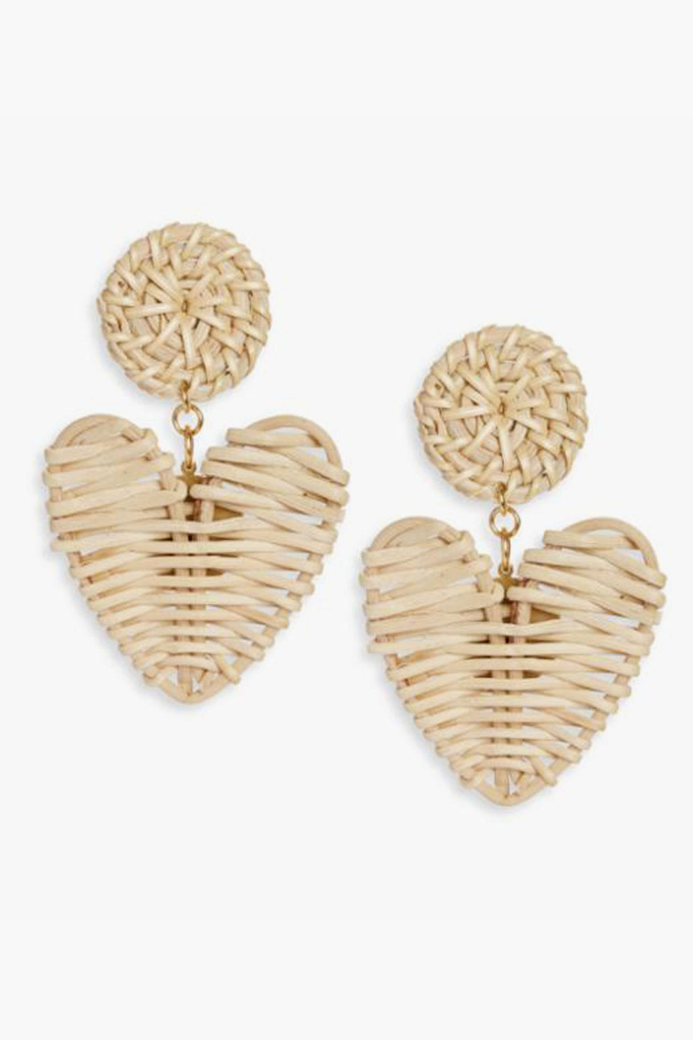 Neely Phelan woven texture earrings feature round studs with large heart-shaped dangles, highlighting their intricate design.