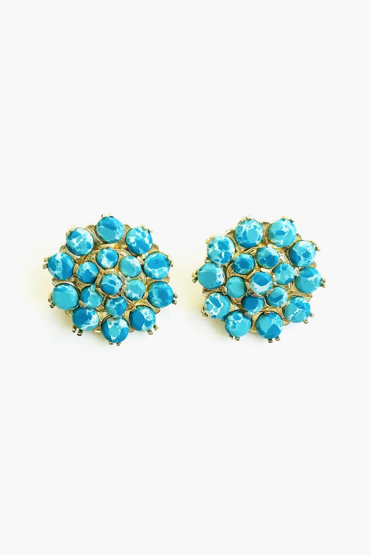 Pair of round Larimar stone earrings with clusters of small turquoise stones set in gold-tone metal by Modafleur—a Nashville lifestyle brand—perfect for boho jewelry lovers.