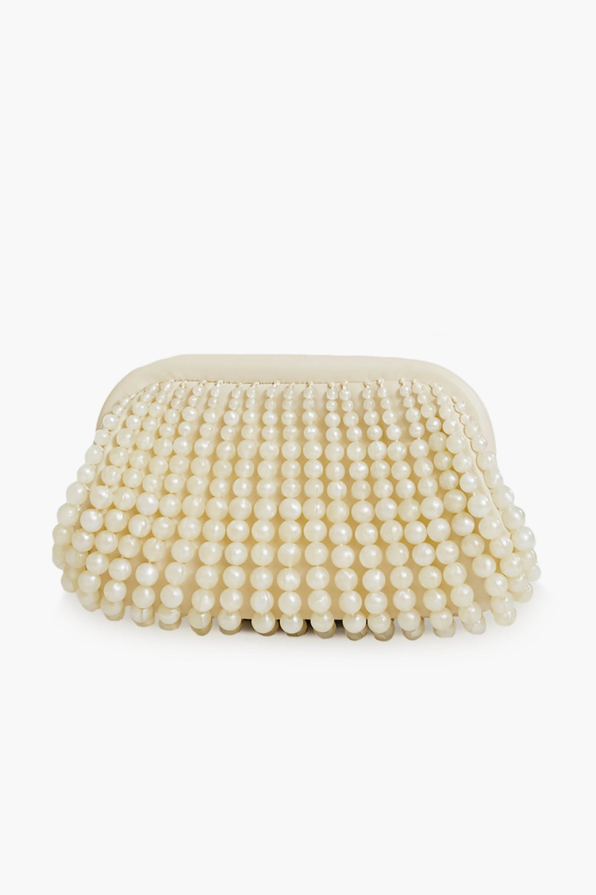 A small cream-colored clutch by Cult Gaia, featuring multiple rows of round faux pearls on a faux pearl base, reminiscent of the Ivy Nia Clutch.