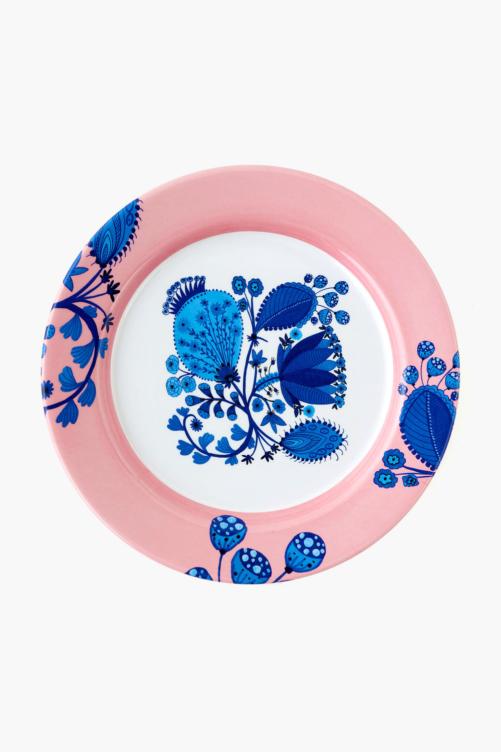 A round blue and white tableware plate by One Hundred 80 Degrees, featuring a pink rim with blue floral designs on the rim and center; dishwasher safe.