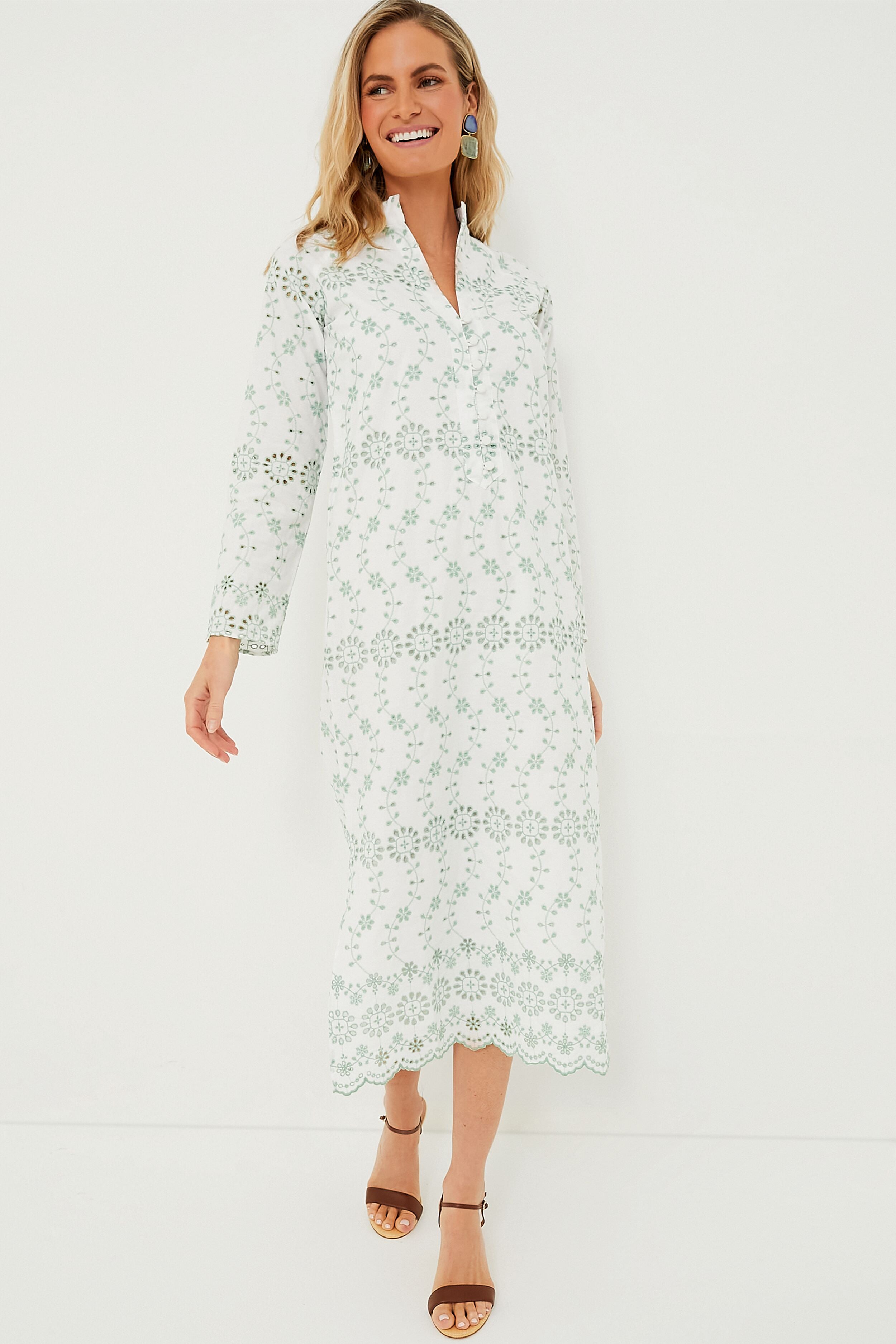Gasparilla Green Eyelet Button Front Long Sleeve Caftan | Sail to