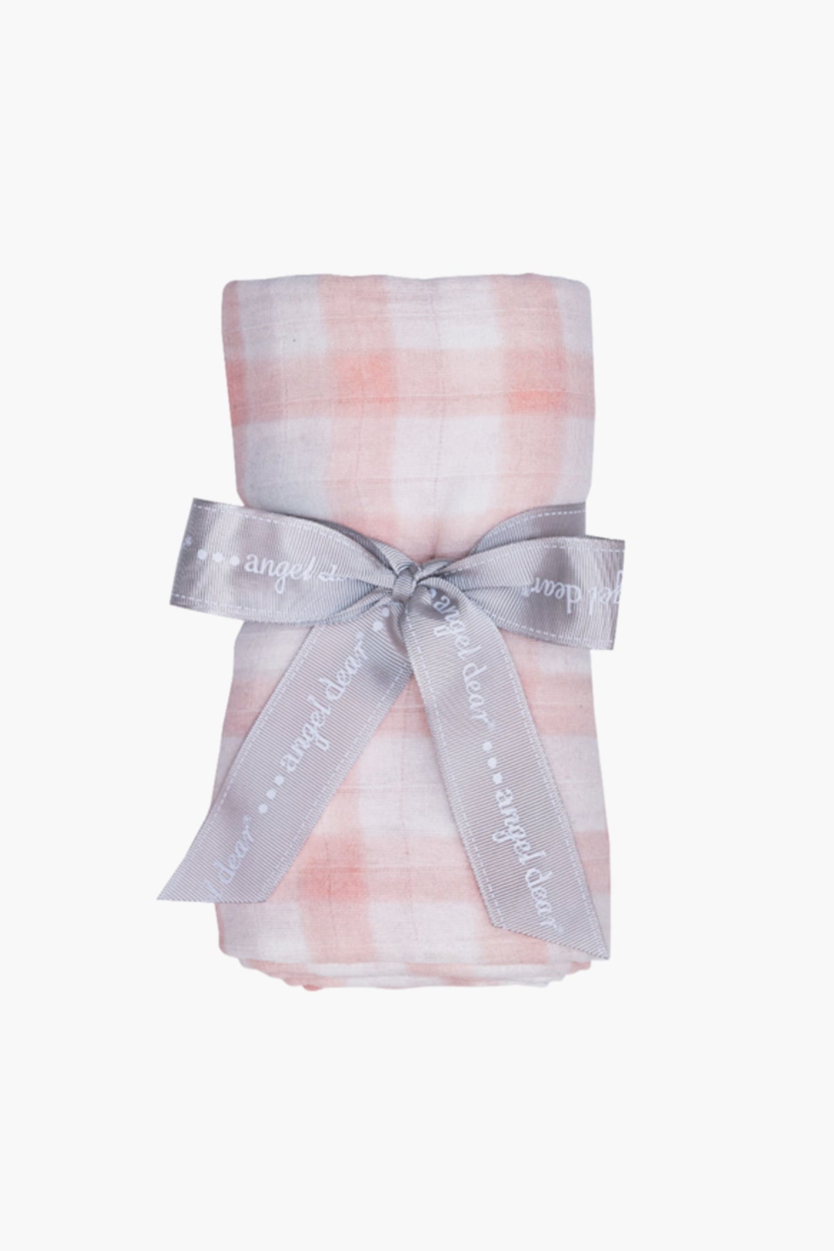 A pink and white plaid muslin cloth by Angel Dear, rolled and tied with a gray Angel Dear ribbon, makes a charming baby blanket or organic cotton swaddle.
