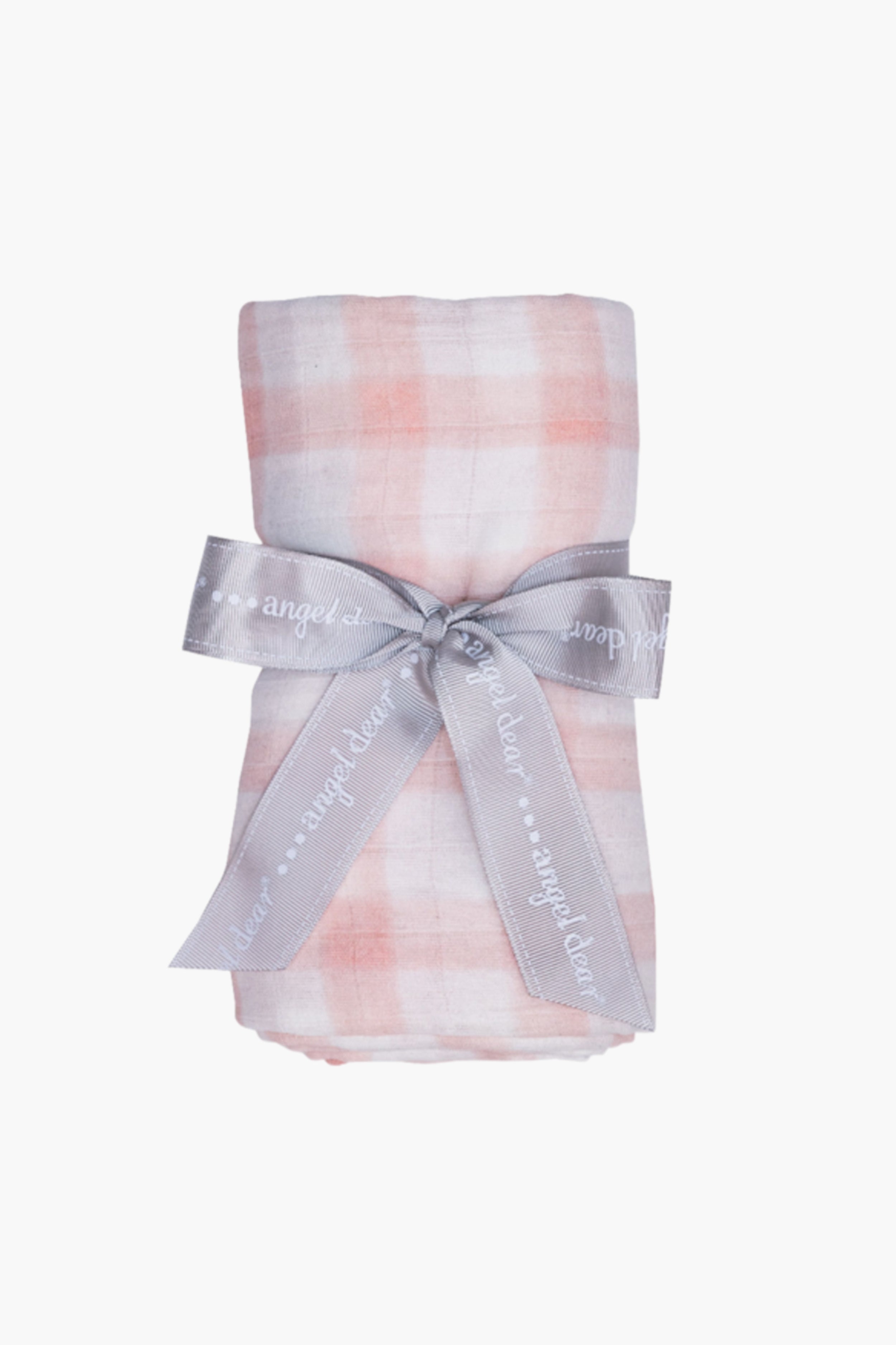 A pink and white plaid muslin cloth by Angel Dear, rolled and tied with a gray Angel Dear ribbon, makes a charming baby blanket or organic cotton swaddle.