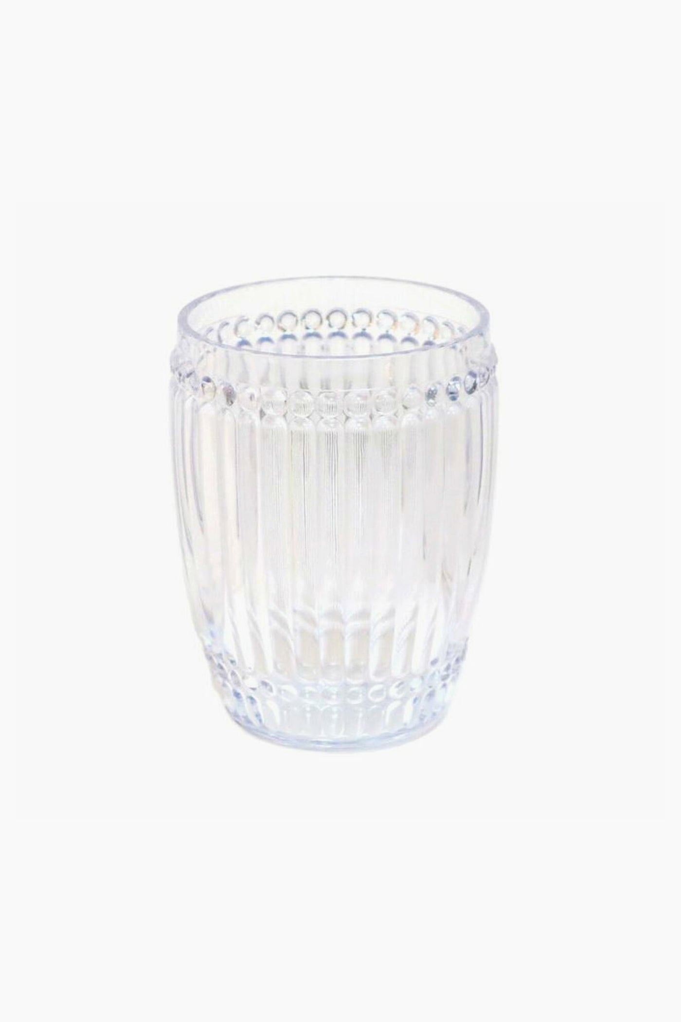 The Le Cadeaux clear polycarbonate tumbler features vertical ridges and a beaded pattern around the rim and base, offering shatter-resistant durability and elegant style.