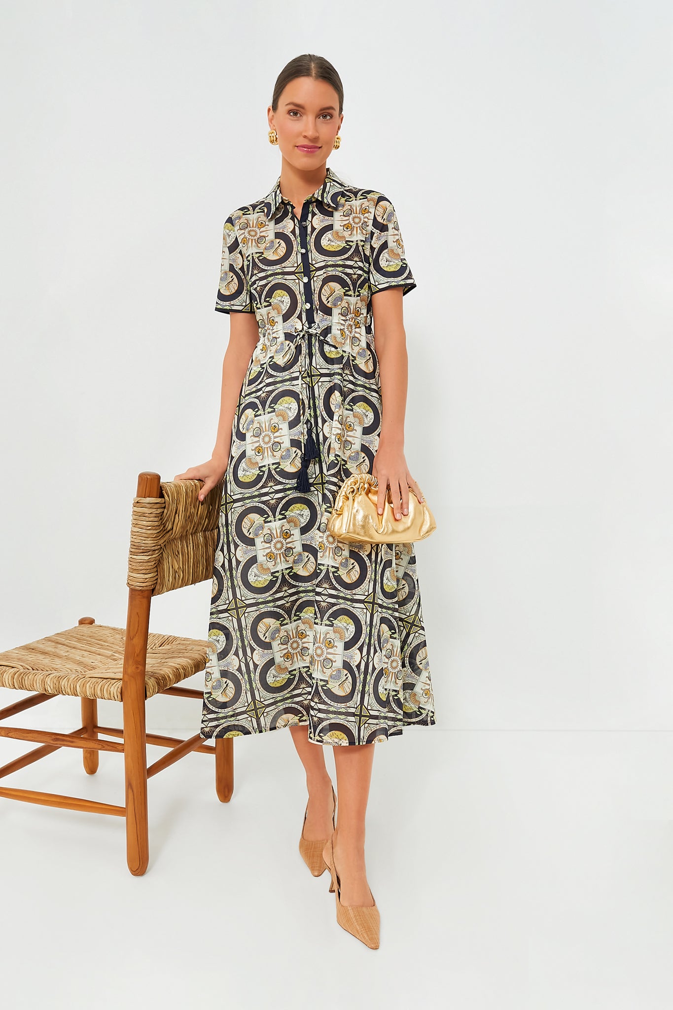Navy Sundial Printed Cotton Shirtdress Navy Sundial Printed Cotton Shirtdress