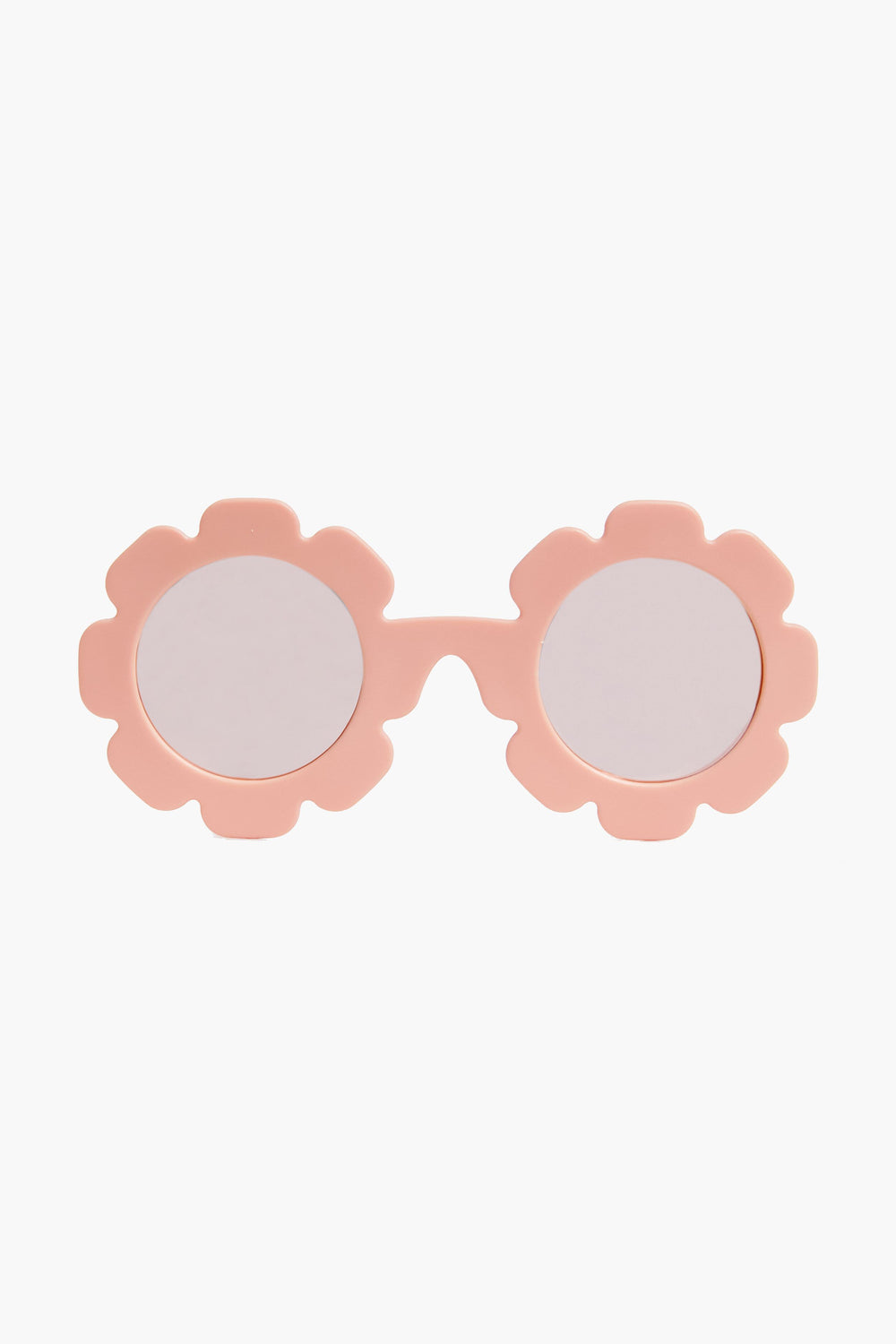 Babiators pink kids sunglasses feature round, flower-shaped frames and mirrored polarized lenses for UV protection.