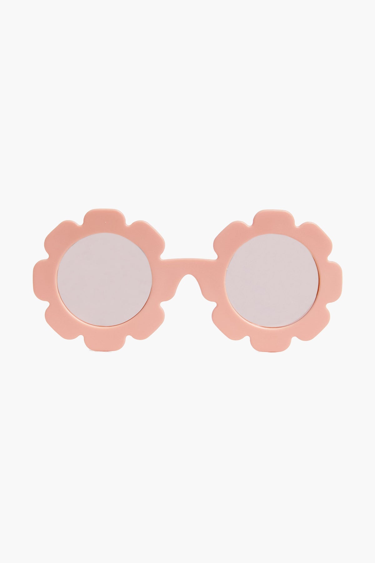 Babiators pink kids sunglasses feature round, flower-shaped frames and mirrored polarized lenses for UV protection.