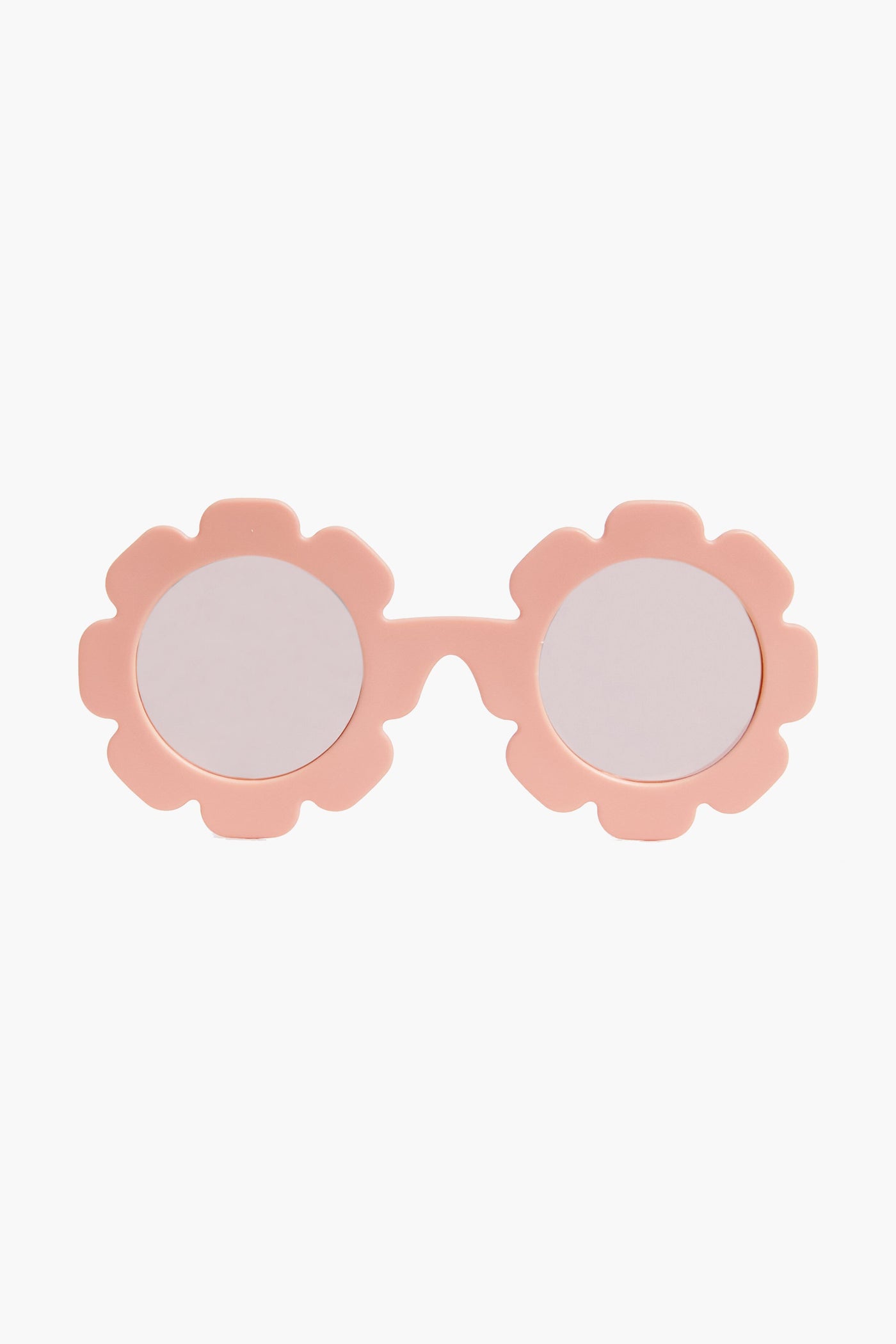 Babiators pink kids sunglasses feature round, flower-shaped frames and mirrored polarized lenses for UV protection.