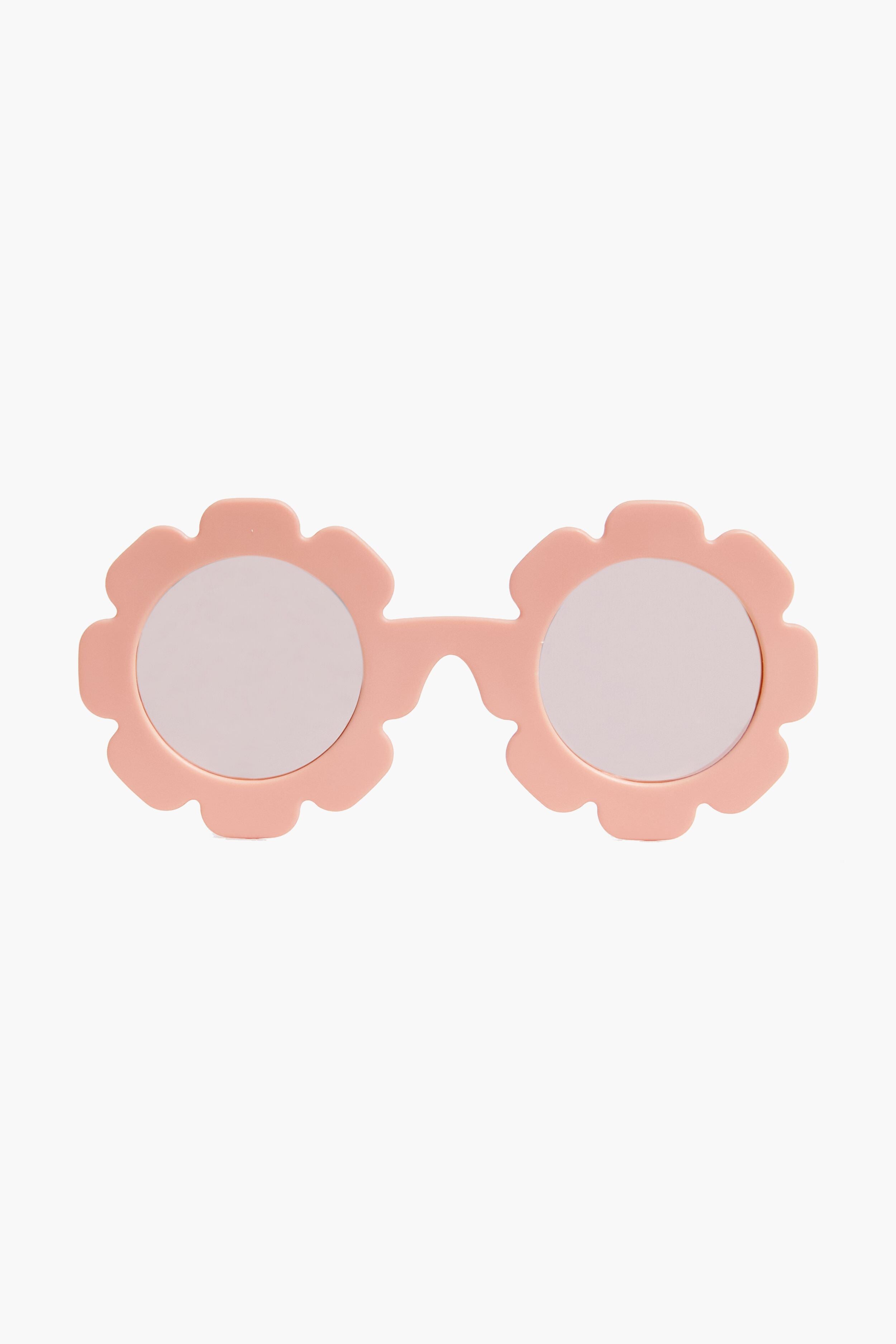 Babiators pink kids sunglasses feature round, flower-shaped frames and mirrored polarized lenses for UV protection.