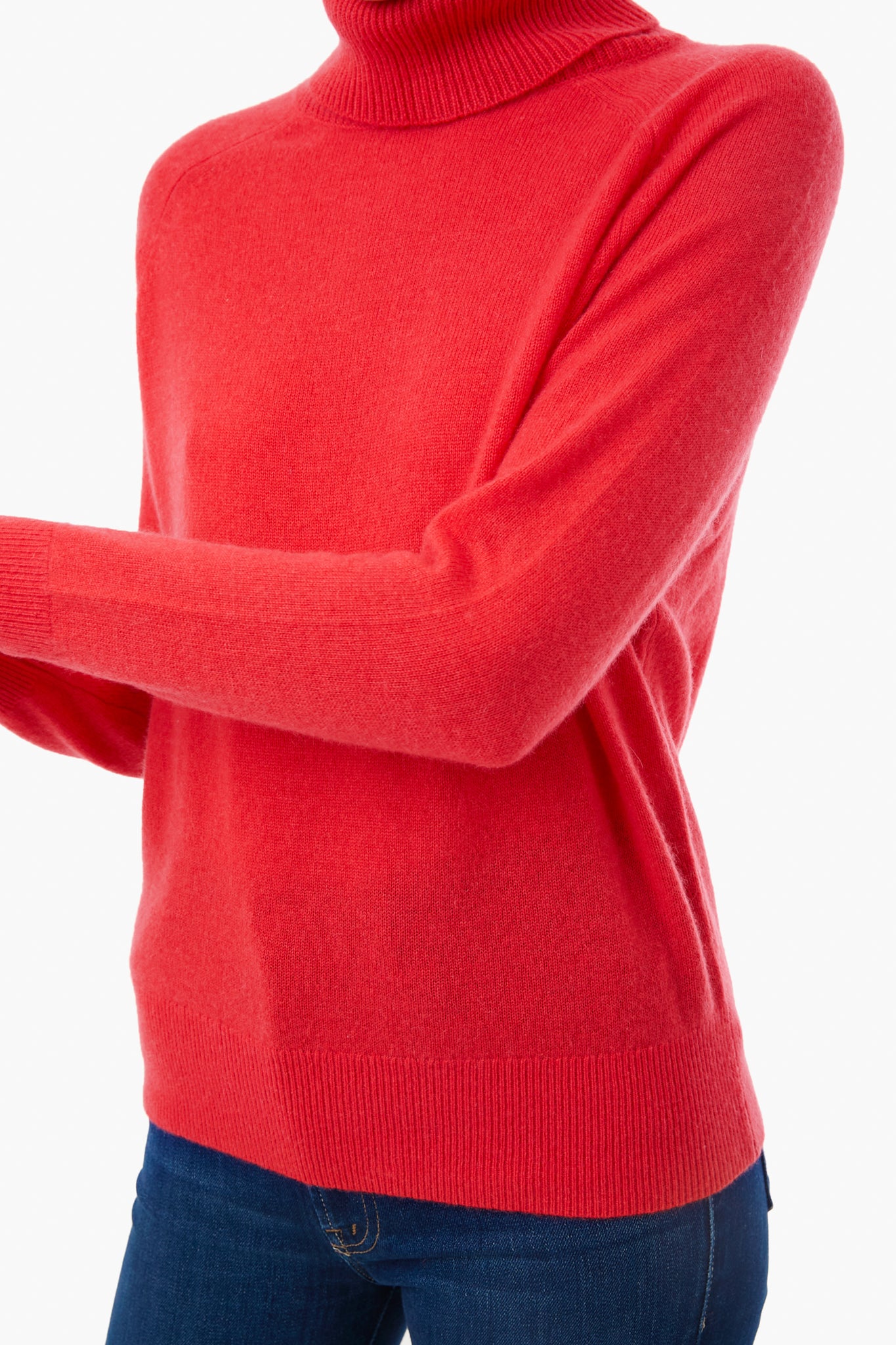 Candy Red Cashmere Ribbed Trim Turtleneck