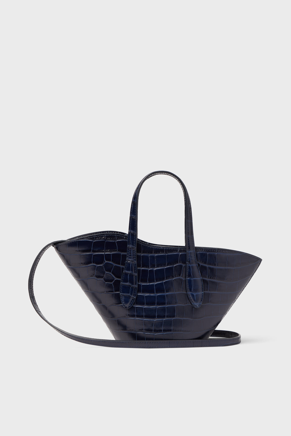A navy blue, croc-embossed mini bag by Liffner with two handles and a long shoulder strap, featuring exquisite Italian craftsmanship.