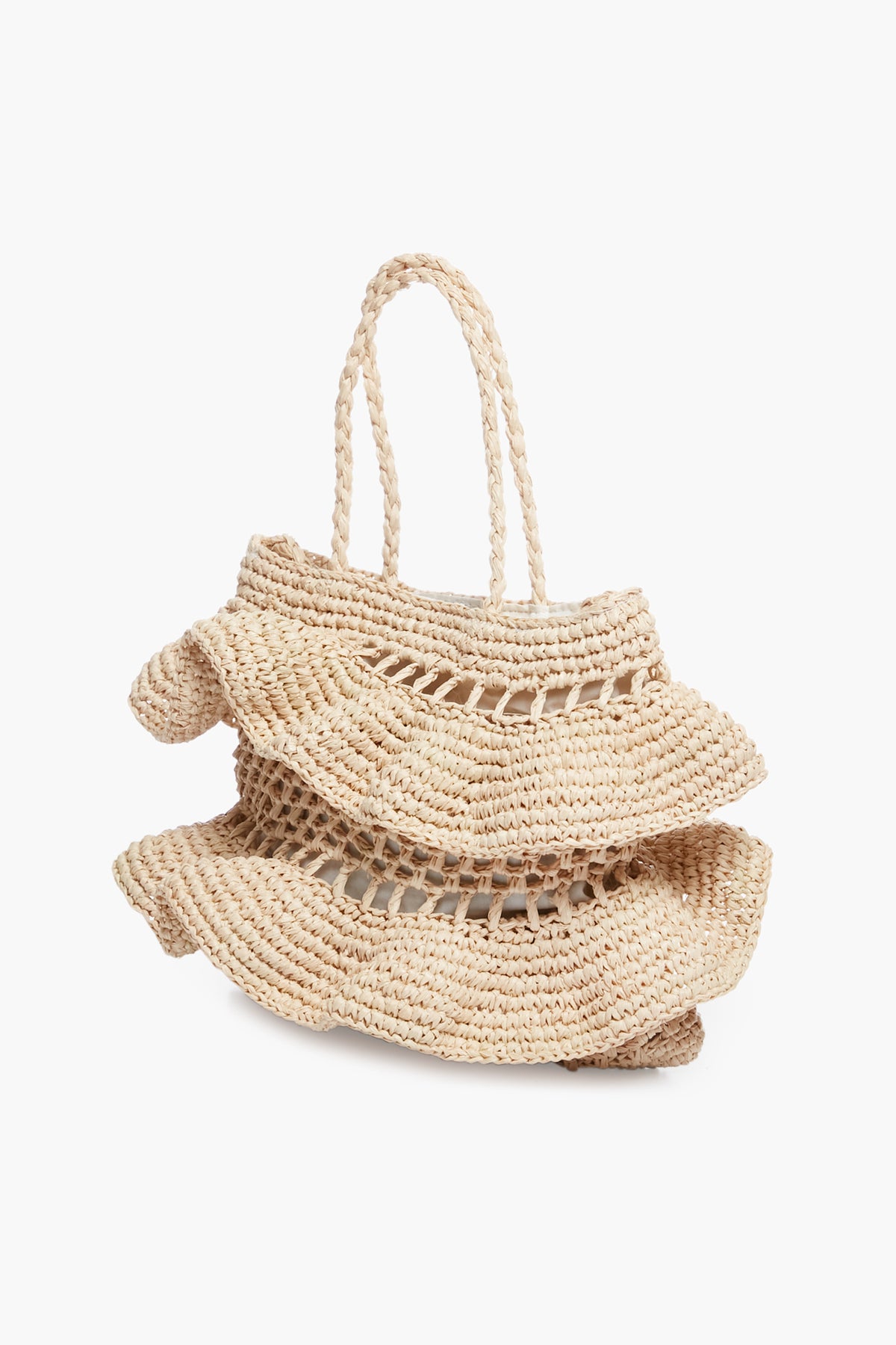 The Hat Attack beige woven raffia bag features layered ruffled detailing and two braided handles—a chic accessory for any look.