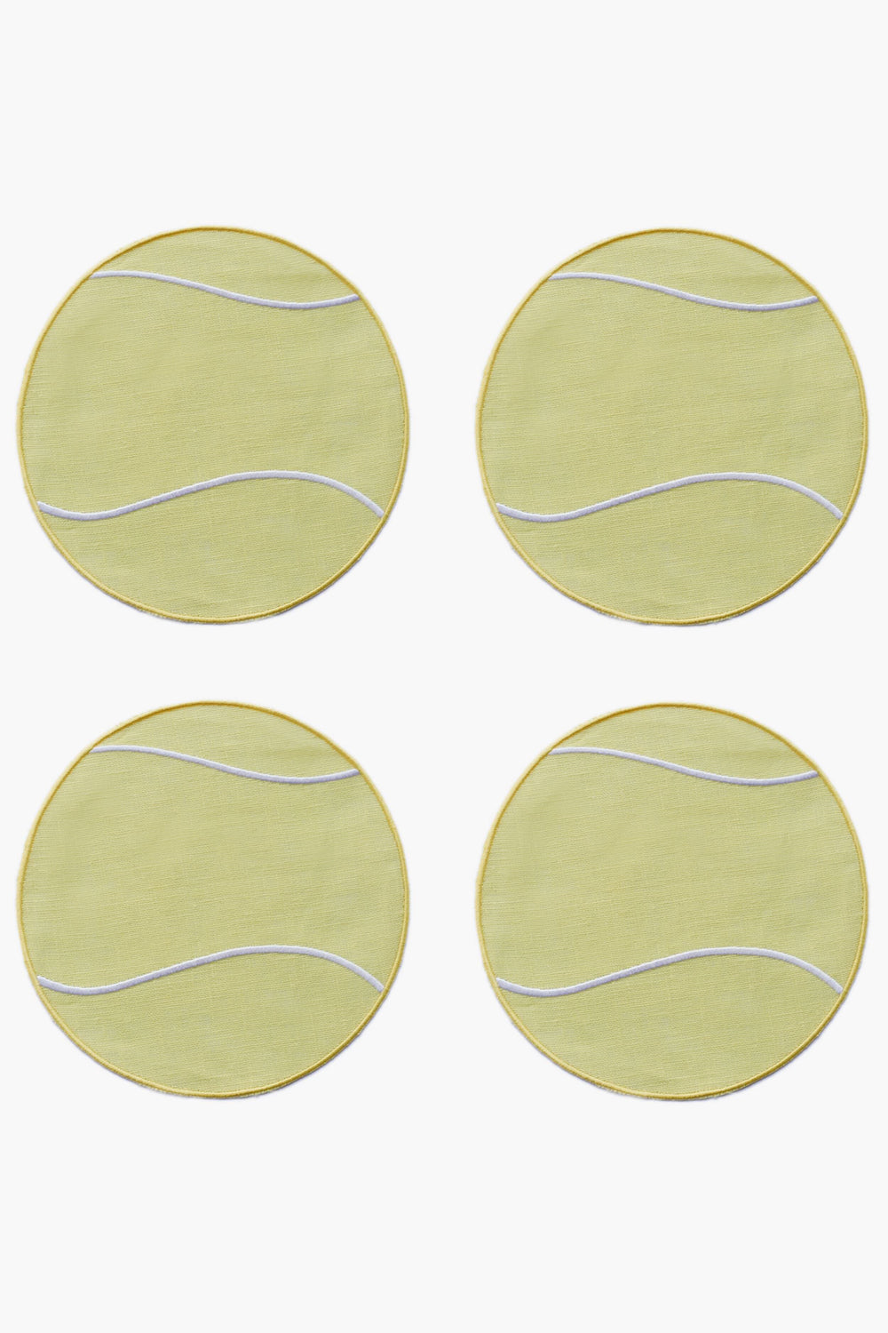 Four round yellow coasters with white curved lines, arranged in a square grid—resembling Tennis Ball Cocktail Napkins by Chefanie, perfect as a racket sport gift.