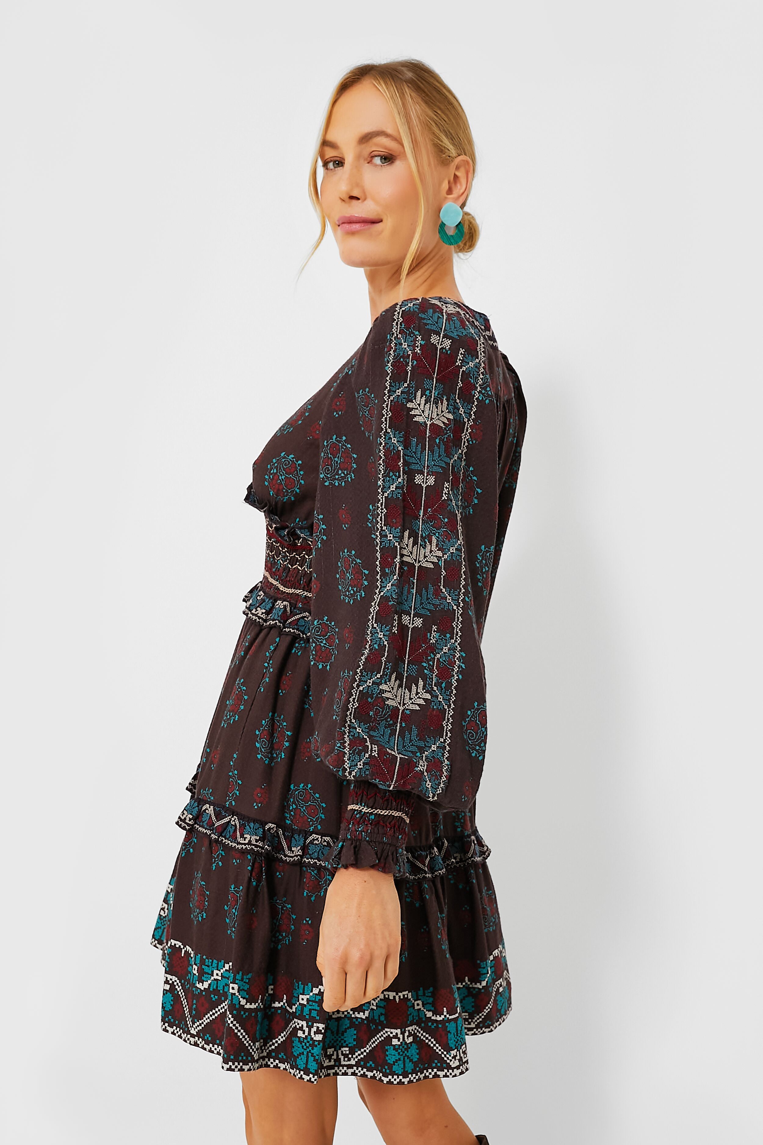 Brown Ellabeth Embroidered Long Sleeve Dress | Sea New York