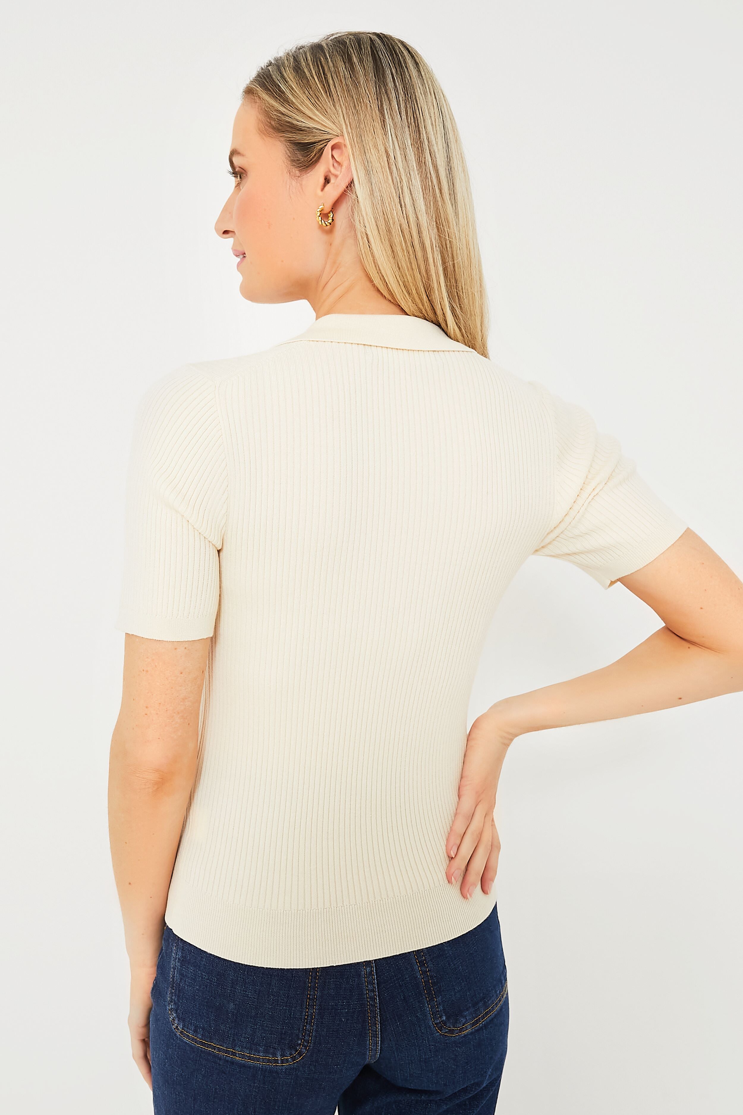 Ivory Ribbed Polo Top, Womens Tosp