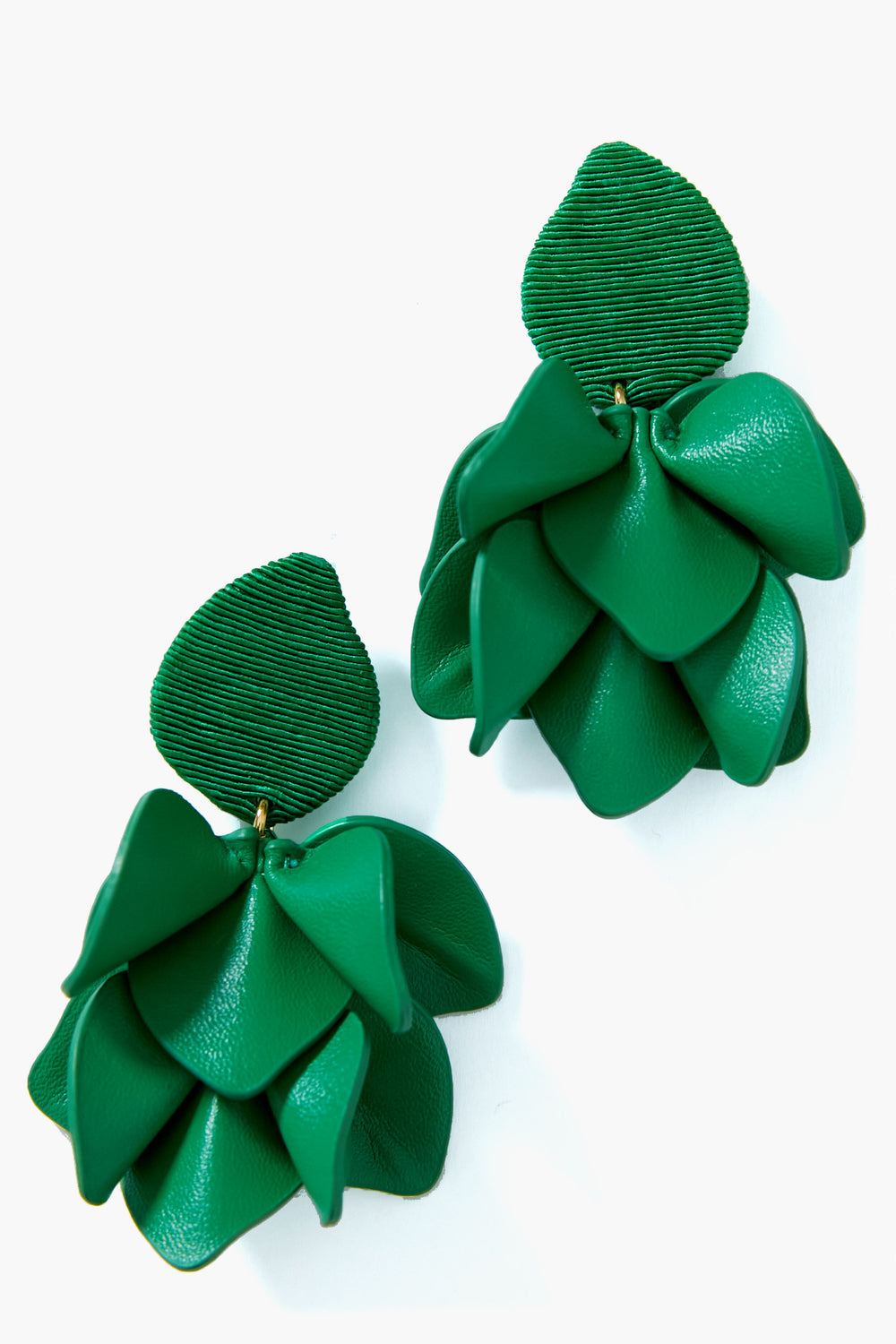 Tuckernuck Jewelry's green Orchid Earrings feature layered leather petals and textured, leaf-like tops—ideal for making a statement.