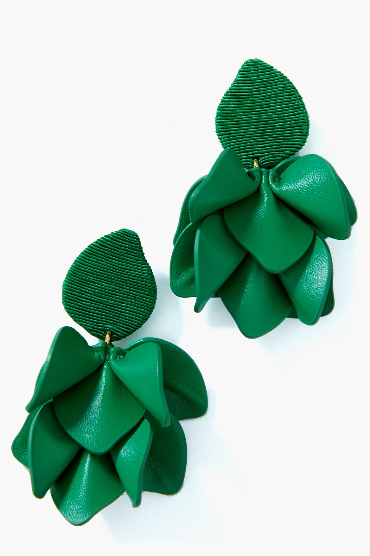 Tuckernuck Jewelry's green Orchid Earrings feature layered leather petals and textured, leaf-like tops—ideal for making a statement.