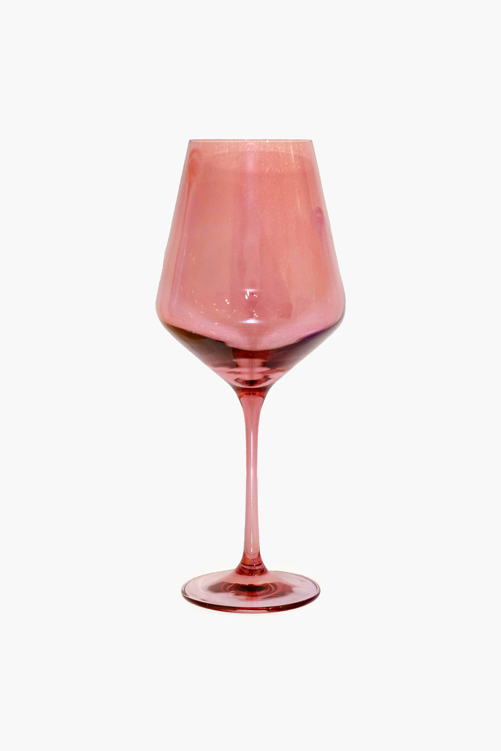 The Estelle Colored Glass pink-tinted hand-blown wine glass features a wide bowl and thin stem, perfect for those who appreciate luxury stemware.