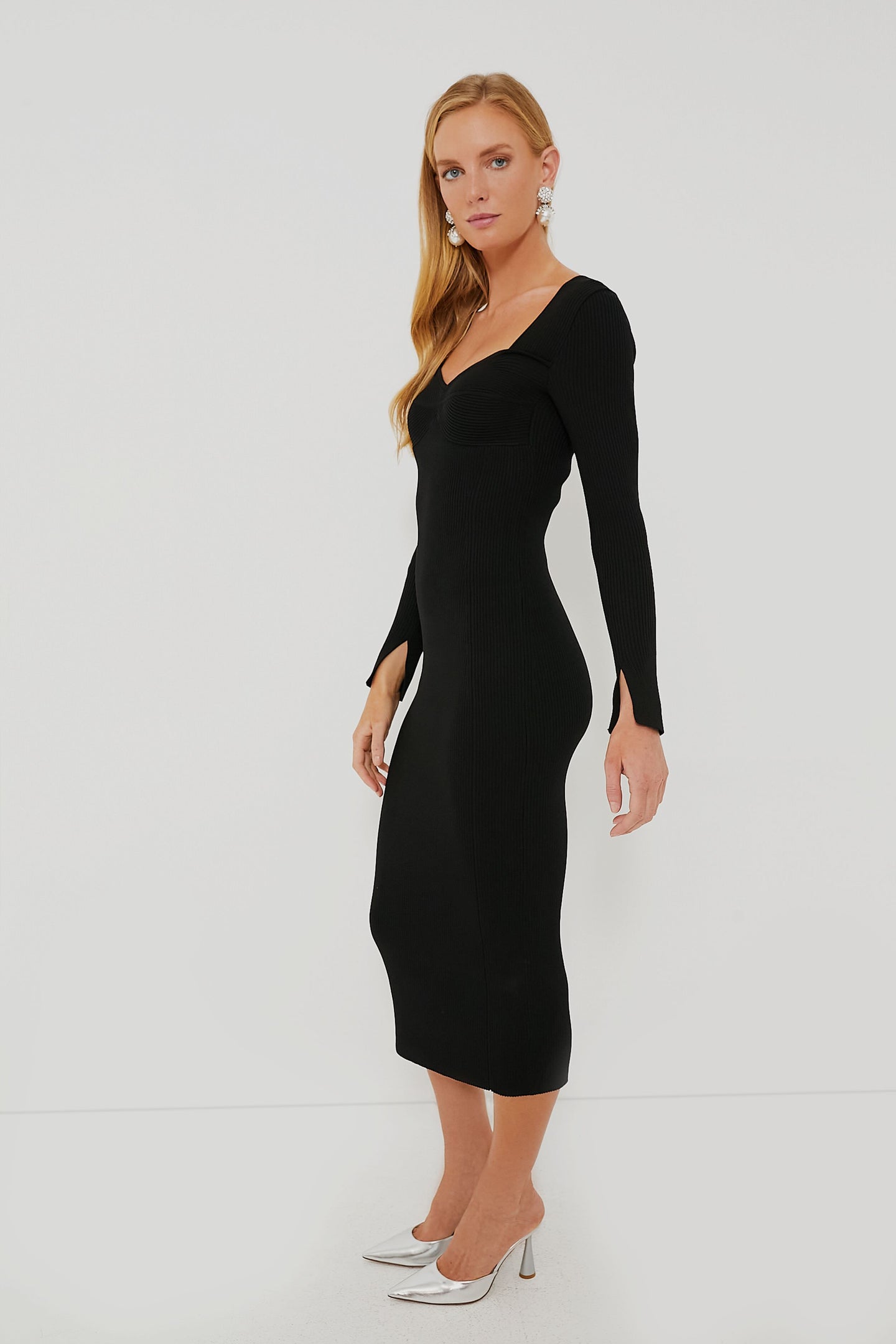 Black Long Sleeve Sculpted Midi Dress Moon River