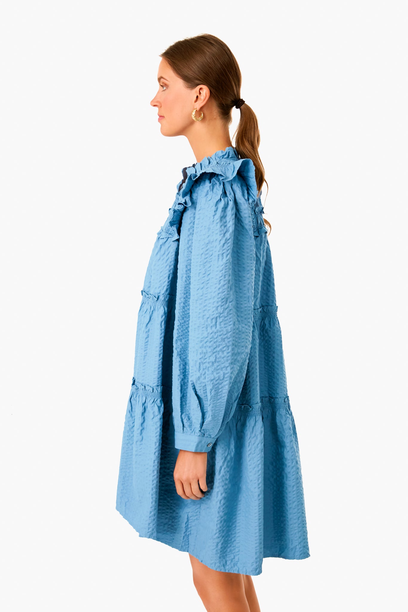 Blue Sevyn Solid Seersucker Button Down Dress