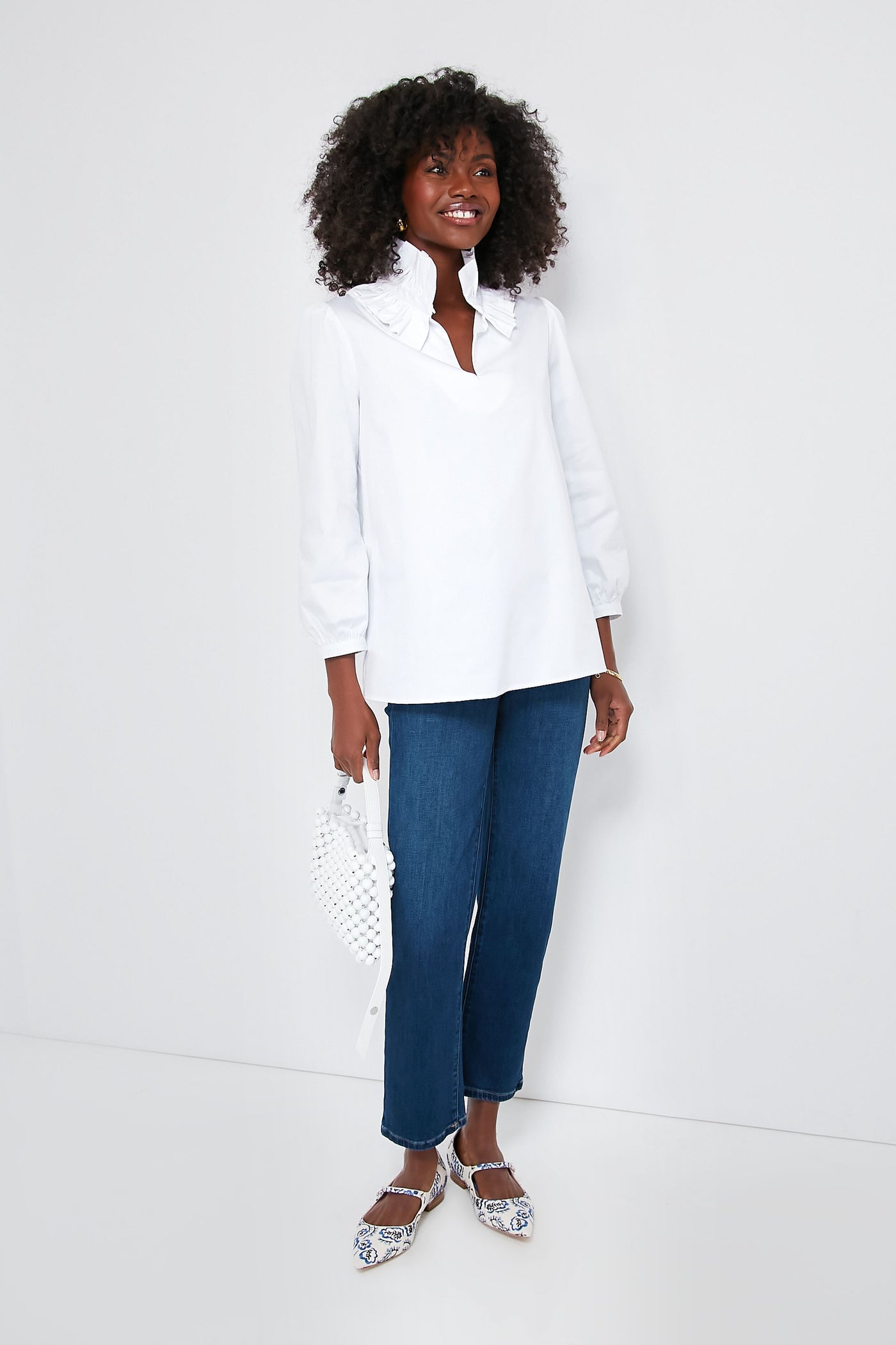 White Stretch Poplin Ruffle Neck Bouvier Blouse