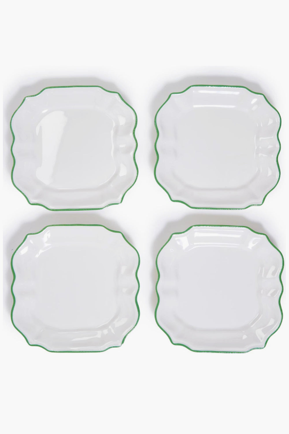 Set of four white square melamine dinner plates by Two's Company, featuring scalloped edges and green trim. Shatter-resistant and arranged in a 2x2 grid, they're ideal for your next garden soiree.
