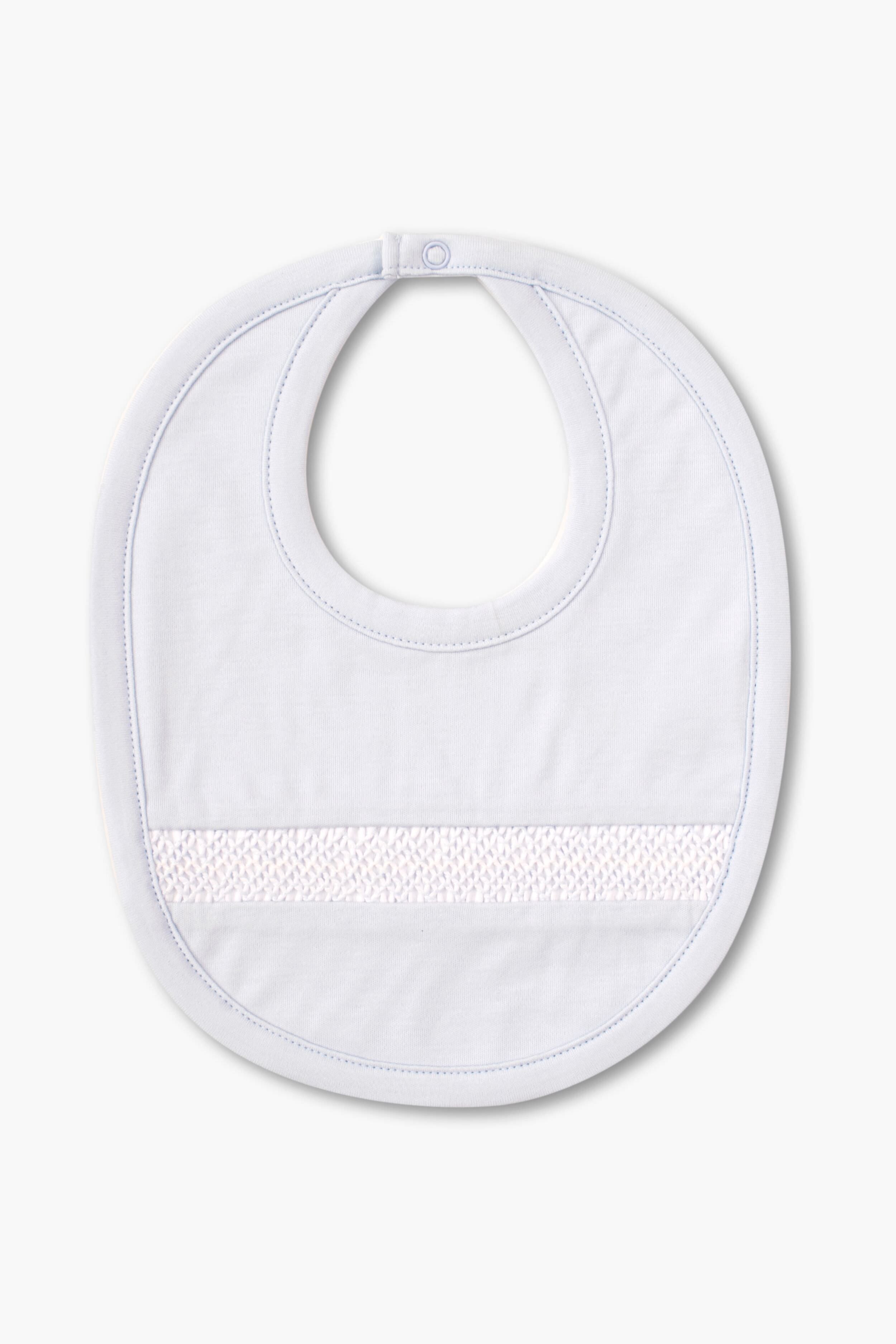 The kissy kissy light blue baby bib is made from soft Pima cotton, features a snap closure, and has a horizontal white textured band across the front.
