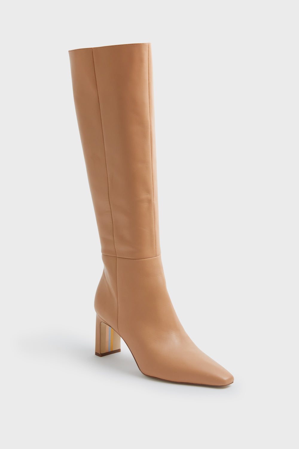 The Sam Edelman tan knee-high leather boot features a block heel and pointed toe, highlighting the luxe style of pointed toe boots.