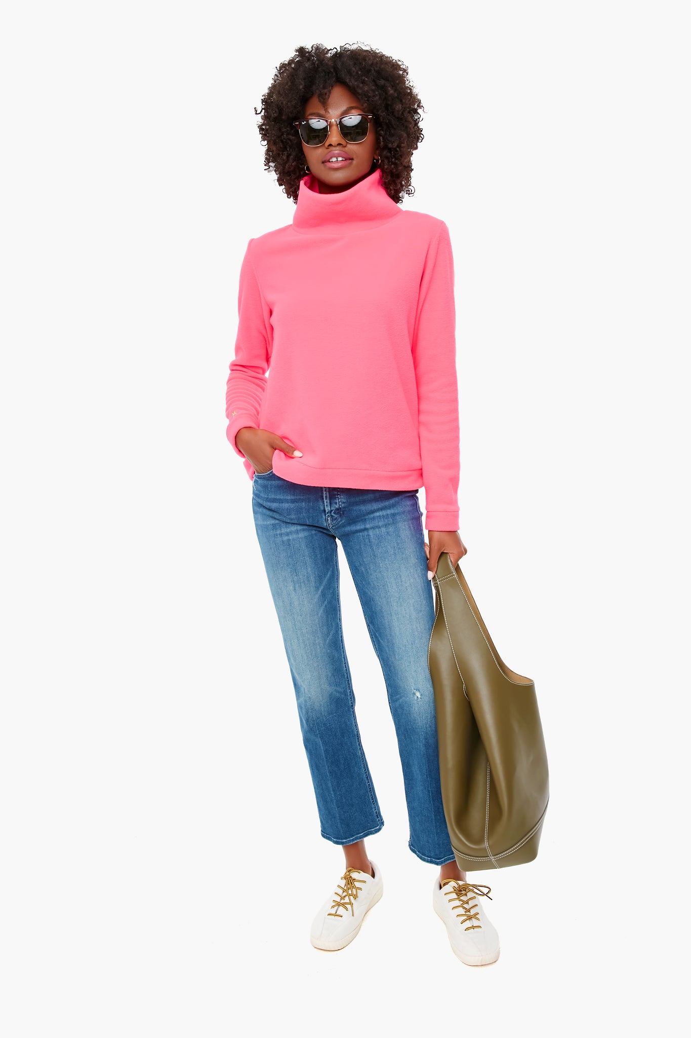 Park Slope Turtleneck in Striped Fleece (Neon Pink / White