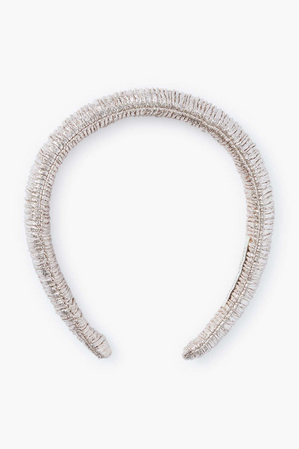 A metallic silver puffy headband with ruched fabric from Loeffler Randall.