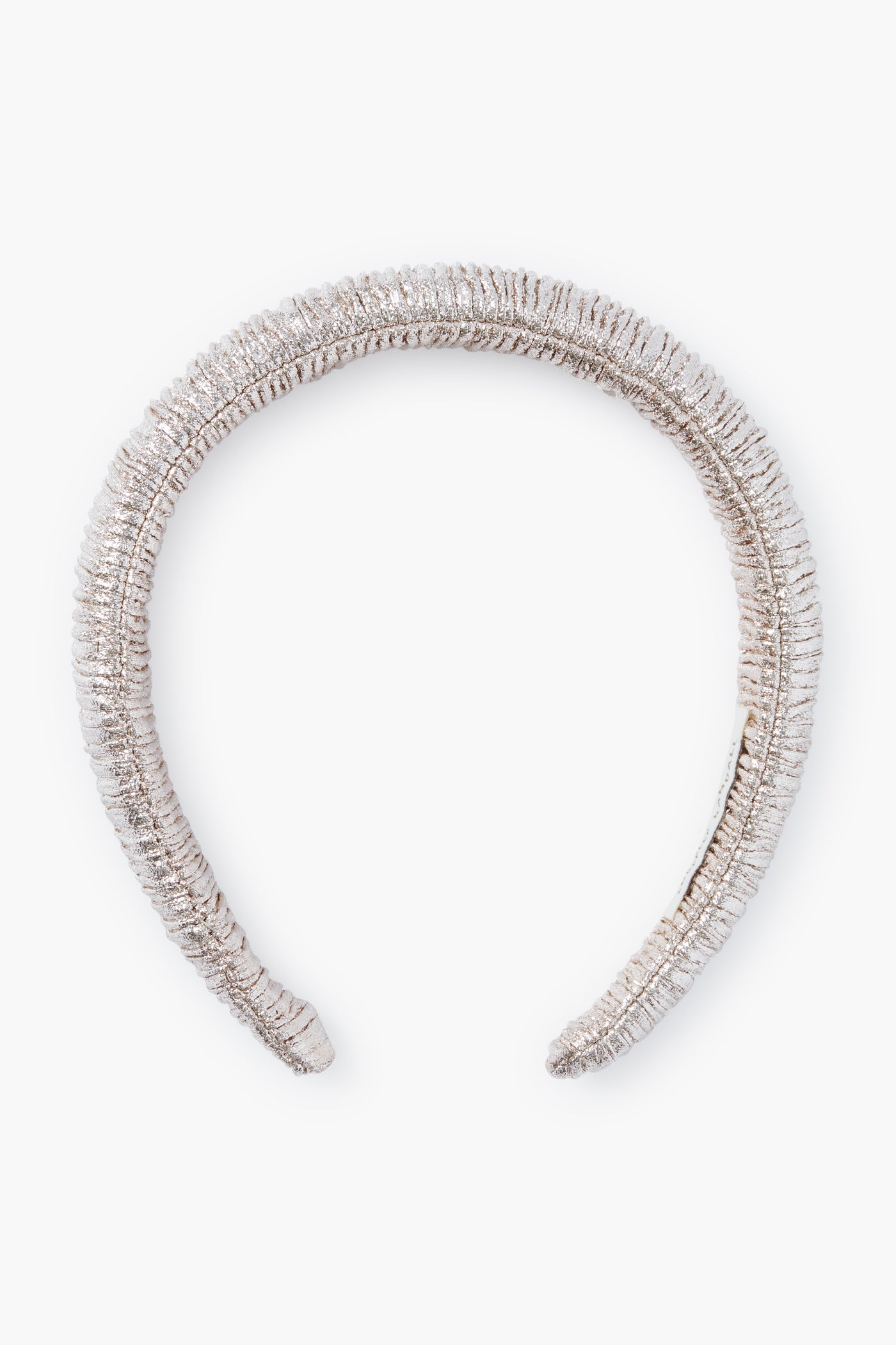 A metallic silver puffy headband with ruched fabric from Loeffler Randall.