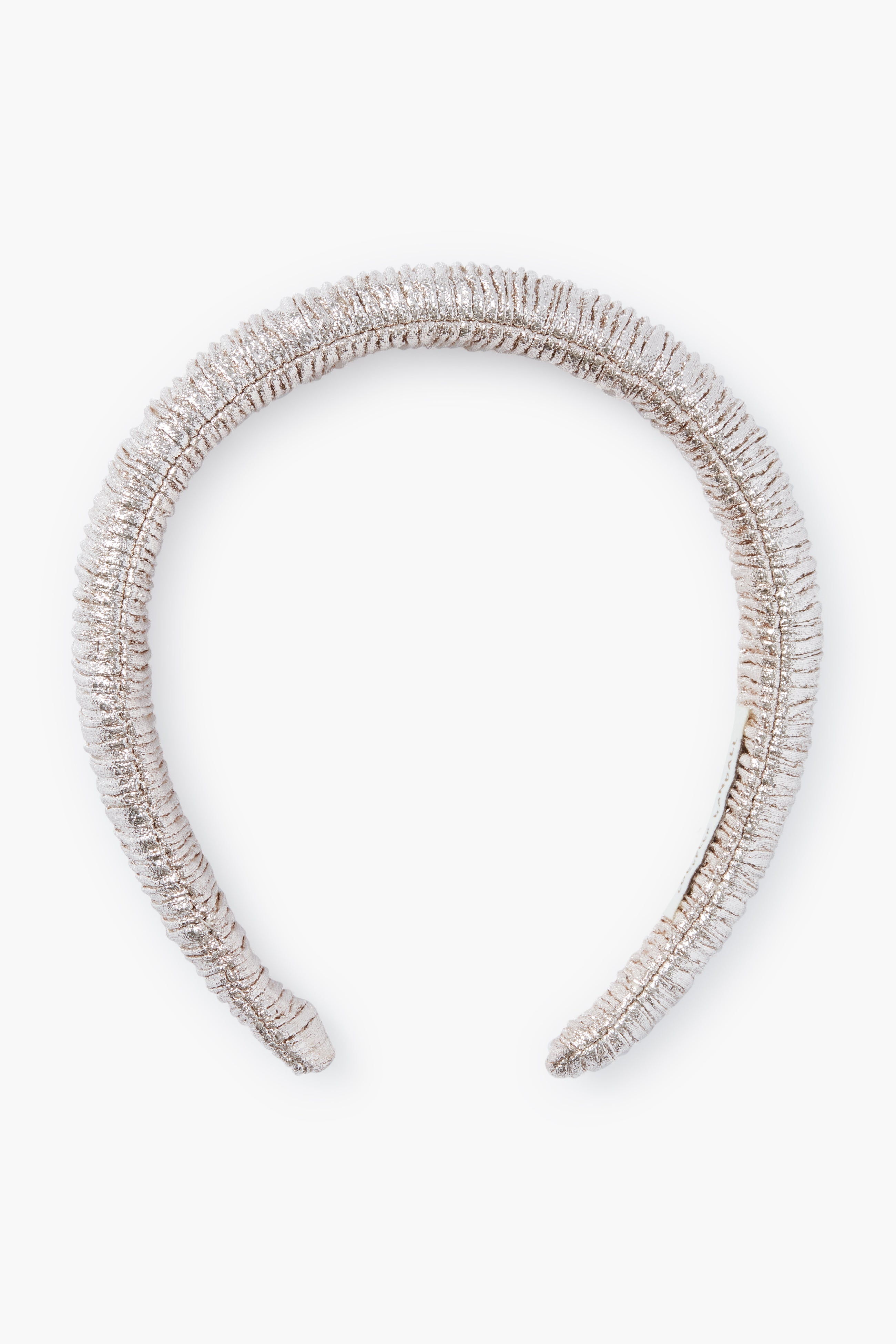 A metallic silver puffy headband with ruched fabric from Loeffler Randall.
