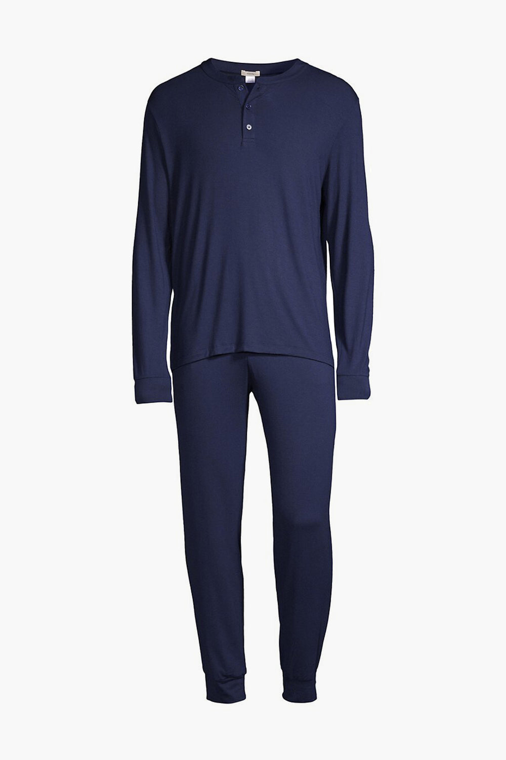 Eberjey’s navy blue men’s pajama set features a button-up henley top and matching pants, crafted from breathable jersey modal for ultimate comfort.