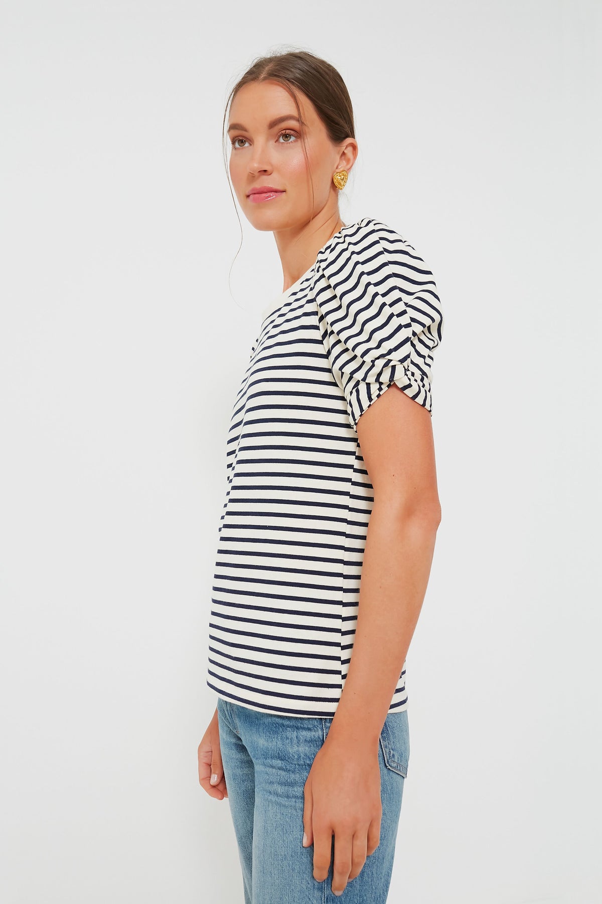 Navy Striped Vesty Puff Short Sleeve Crewneck | Pomander Place