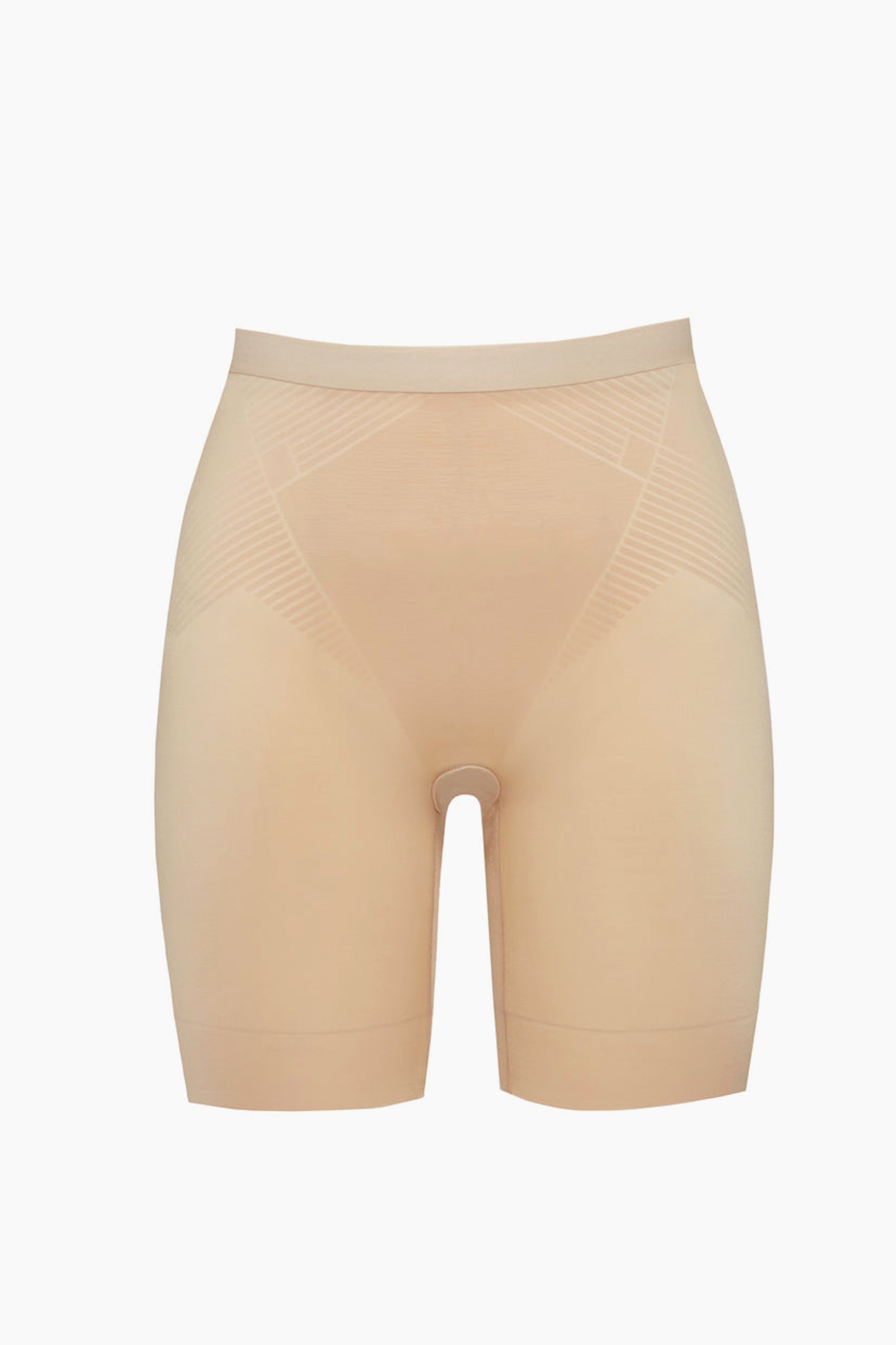 SPANX beige, high-waisted seamless shapewear shorts feature targeted tummy shaping and a lightweight Thinstincts 2.0 design for a smooth, comfortable fit.