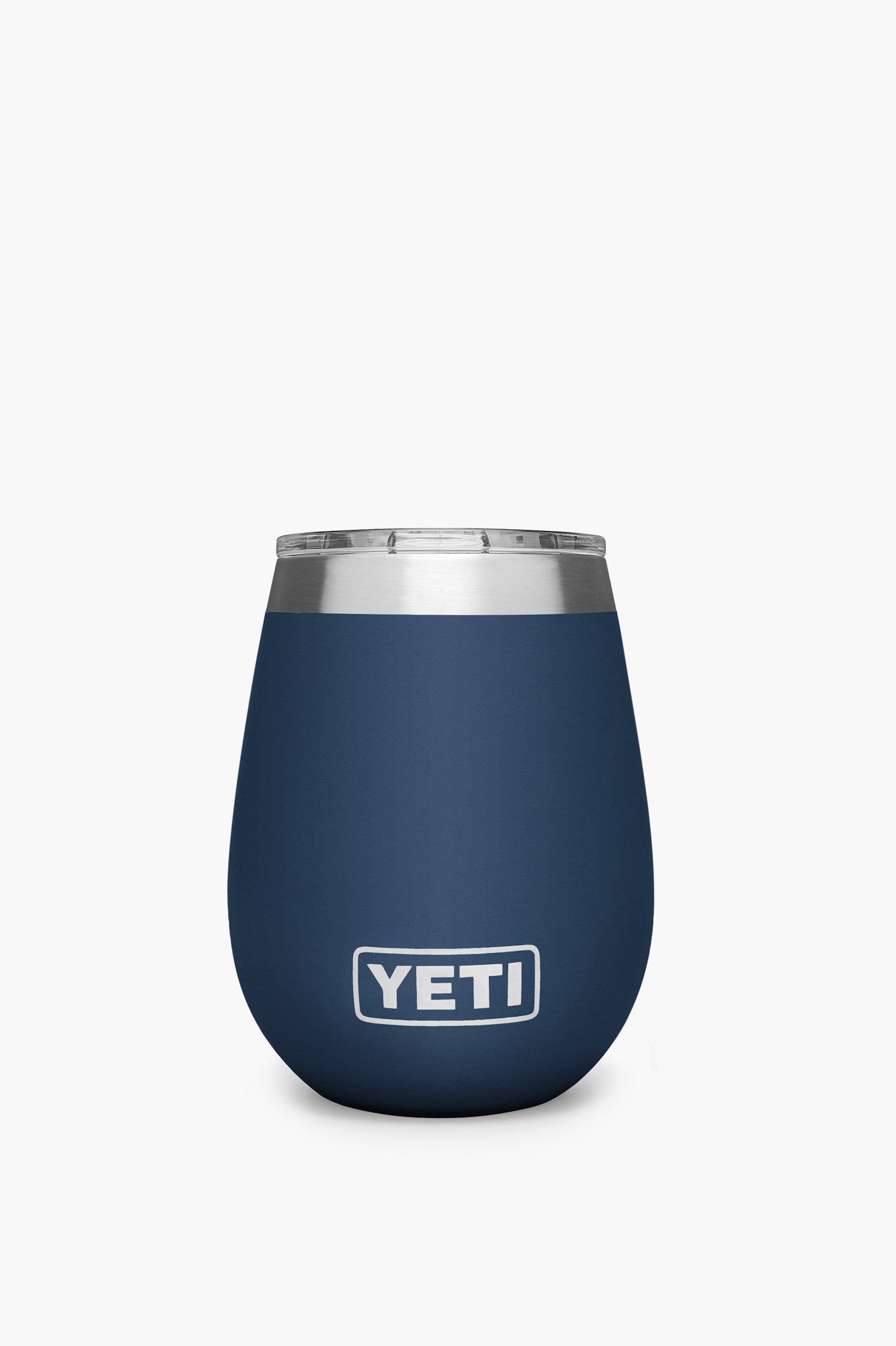 A blue YETI wine tumbler with a silver rim is shown, featuring durable stainless steel and an insulated design.