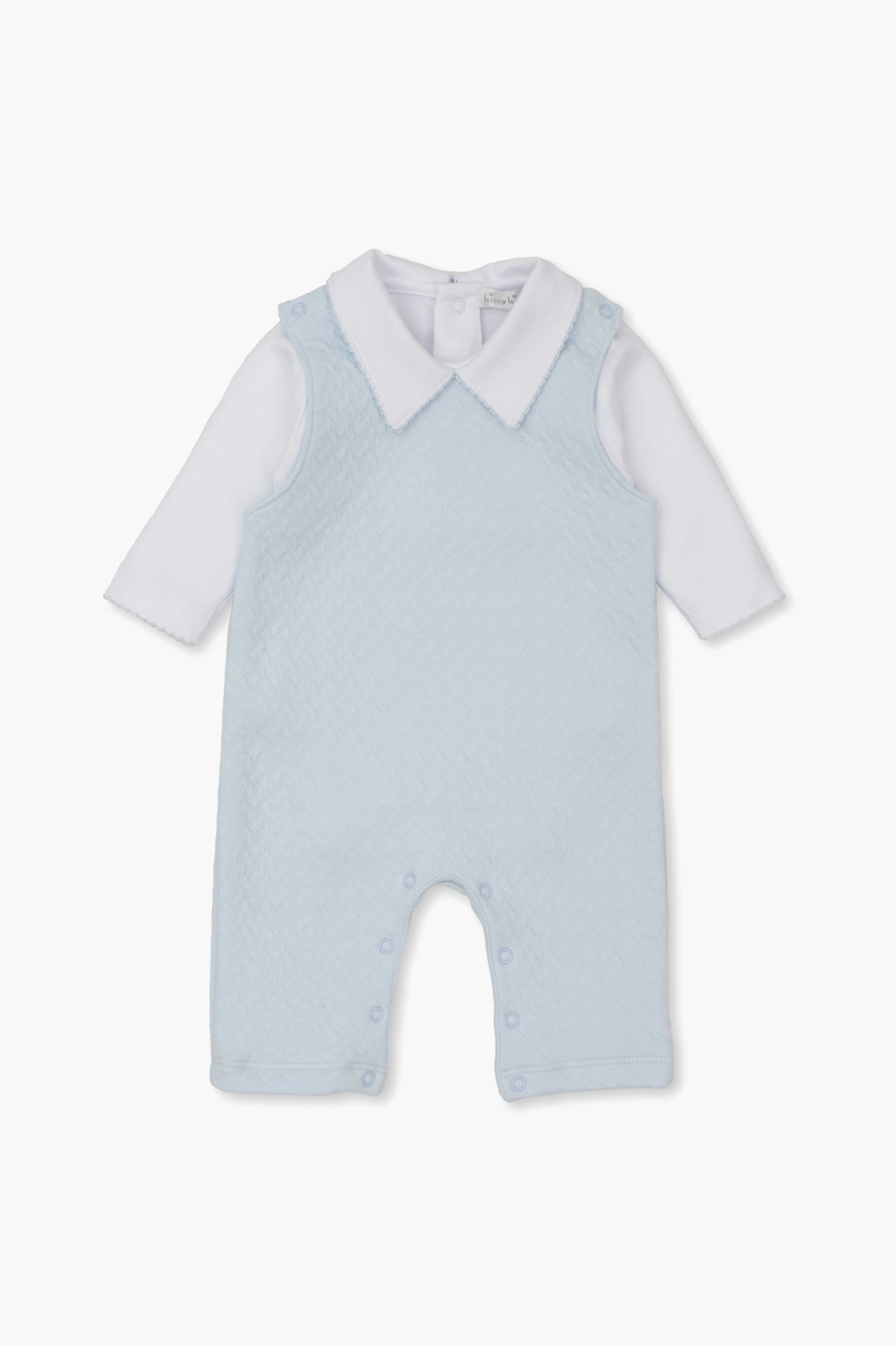The kissy kissy light blue baby romper is crafted from soft Pima cotton with a textured pattern, white collar, and attached long-sleeve white shirt—a charming addition to your little one’s wardrobe.