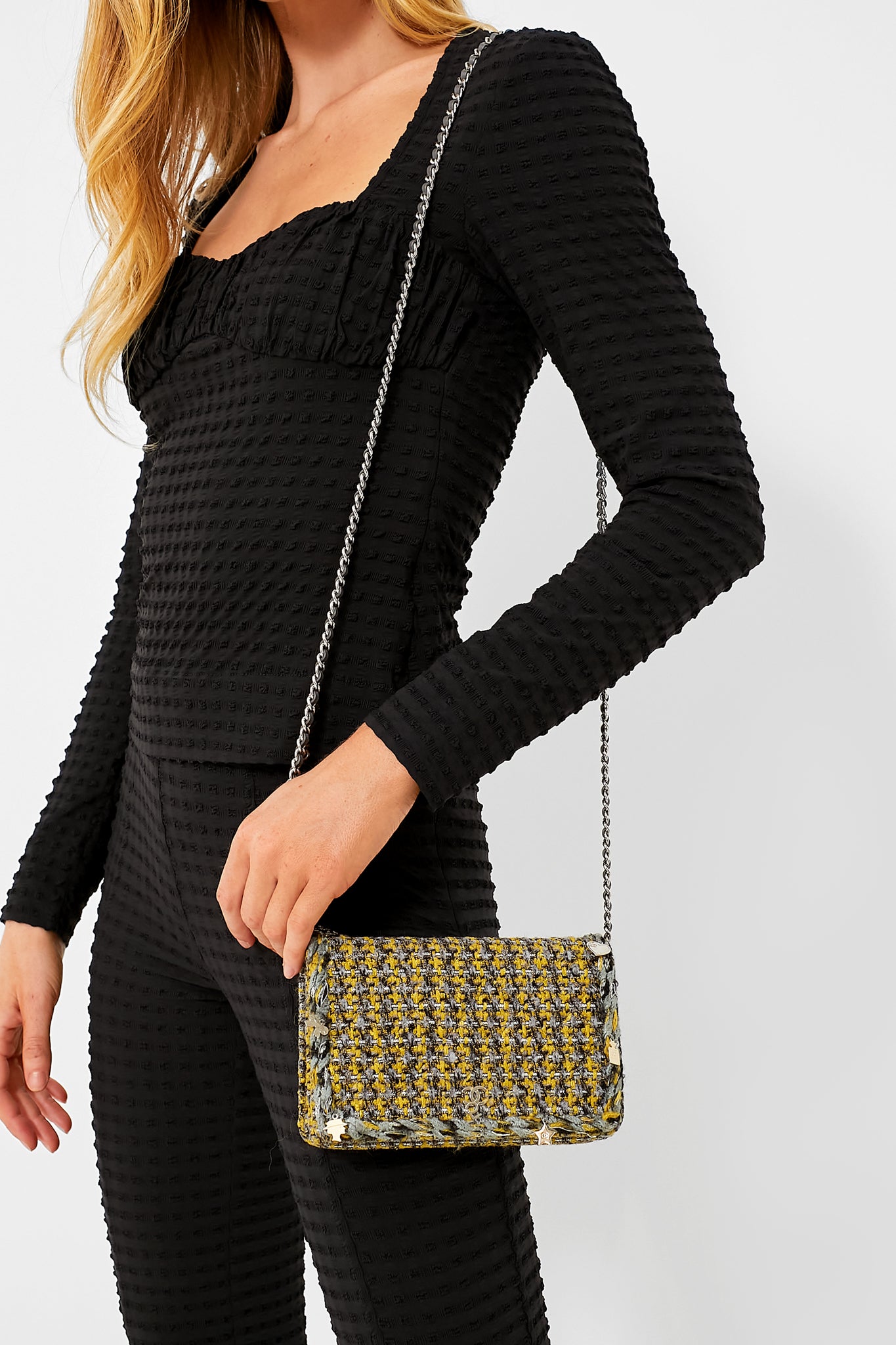 CHANEL Yellow Multicolor Tweed Wallet On Chain